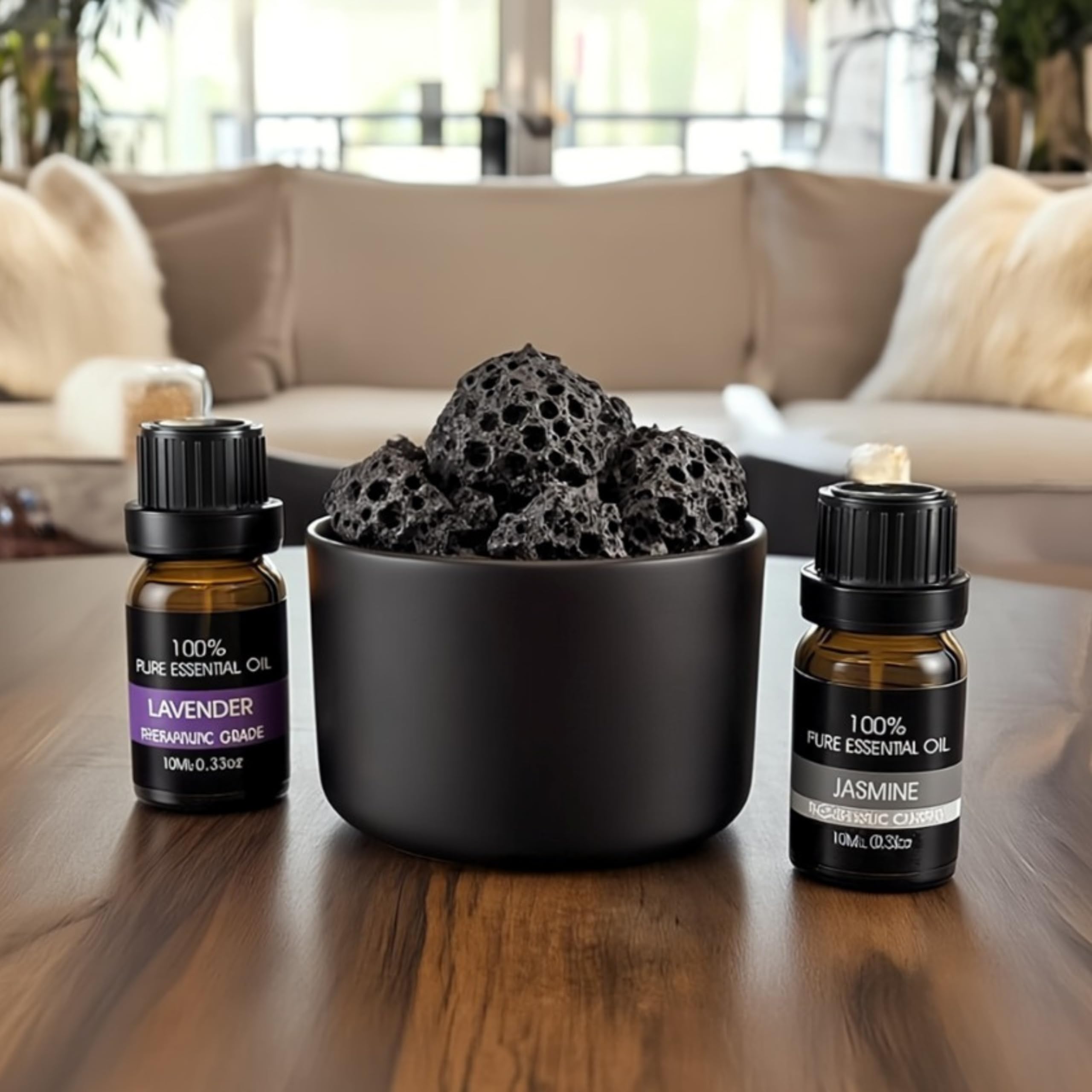 Difusor Aceites Esenciales - Con 2 Aromas, Jazmín y Lavanda 10ml - Piedras Volcánicas 100% Naturales - Uso Relajante - Ideal para Baño, Yoga o Comedor - Sin Electricidad - Fácil Aplicación