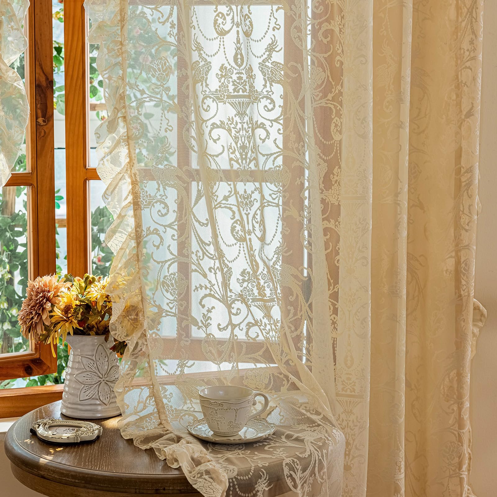 TUDECO Sheer Beige Curtains 72 Inch Length 2 Panels - French Country Vintage Lace Curtains with Flower Bird Pattern and Ruffle Edges, Rod Pocket Privacy Drapes for Dining Room Doorway, 59 x 72 Inch