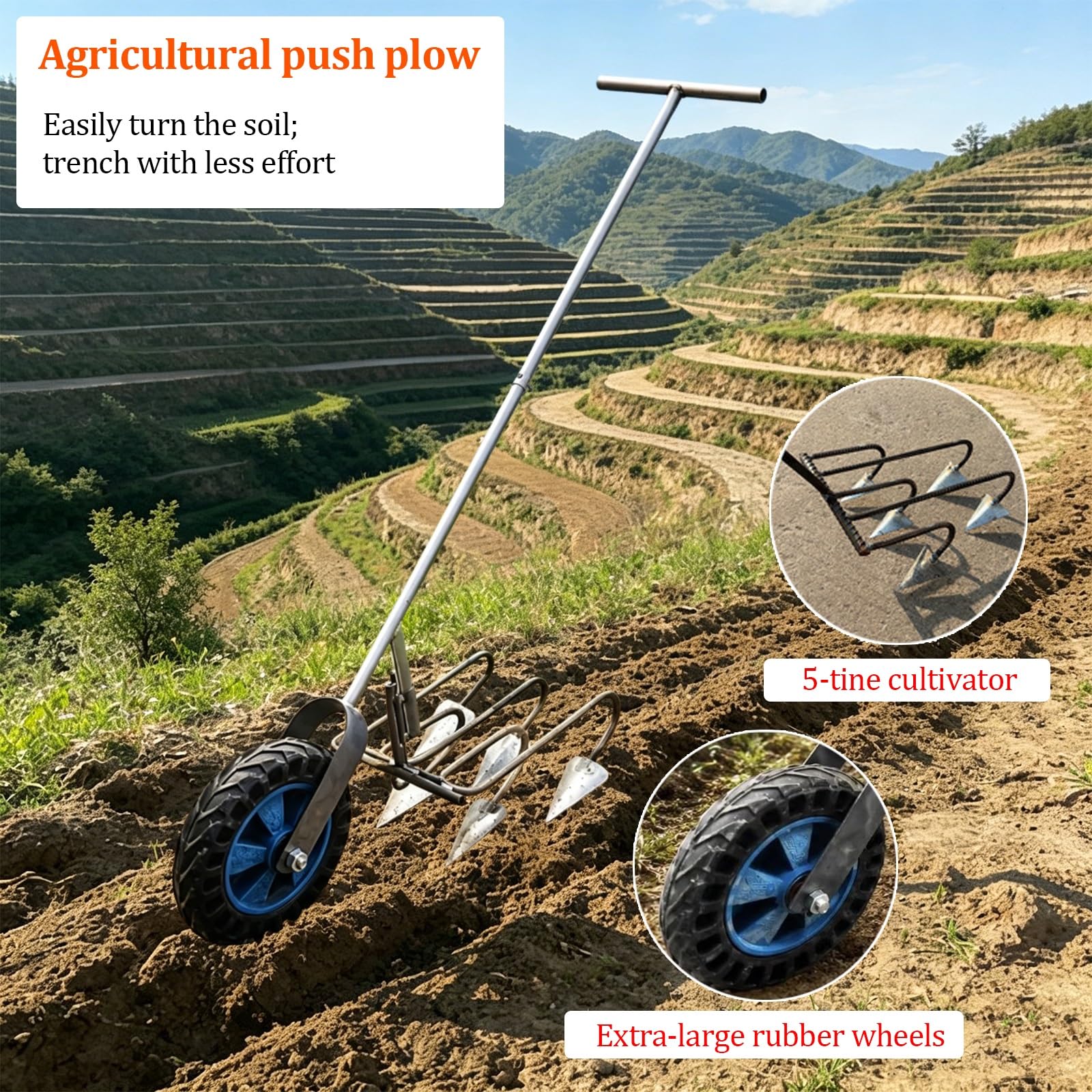 Aratro manuale a spinta con ruote, fresa fissa in acciaio al manganese, attrezzo da giardino per la lavorazione del terreno, ideale per orti, serre e frutteti(5-tine)