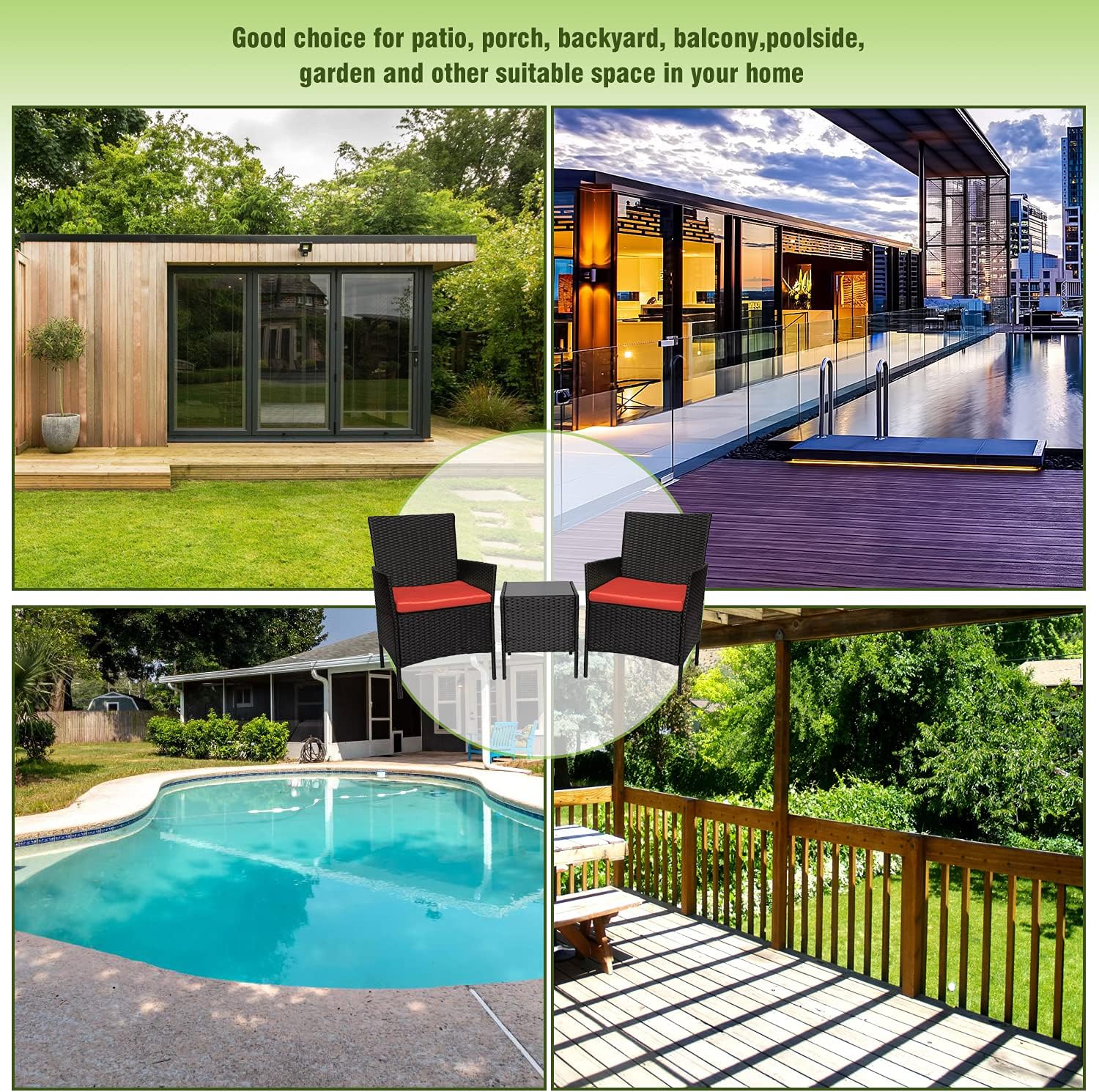3 Piece Patio Furniture Set,Outdoor Wicker Rattan Conversation Set,Porch PE Rattan Outdoor Furniture Set with Coffee Table, Chairs & Thick Cushions, for Patio Garden Lawn Backyard Pool (Black-Rust)