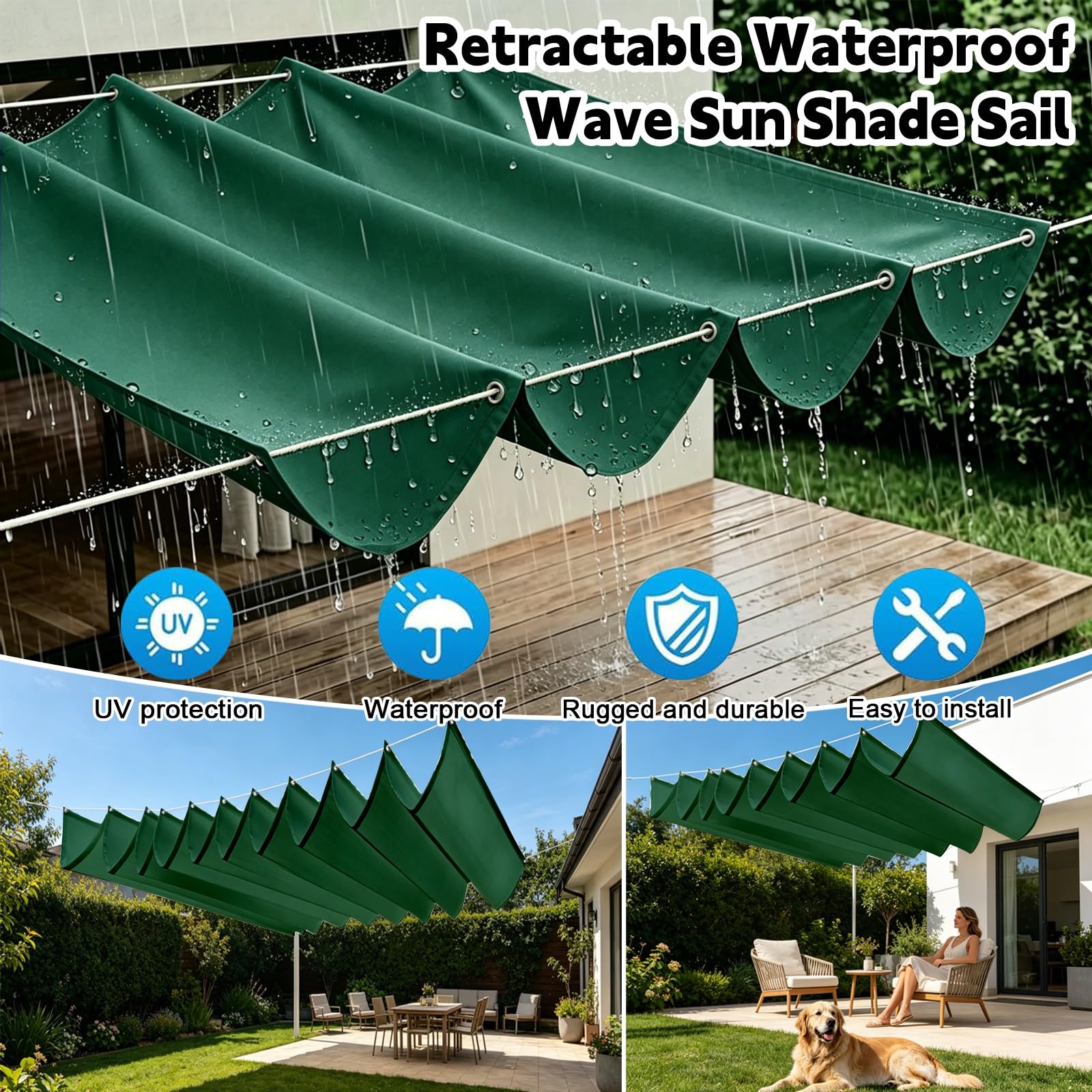 Toldo Retráctil de Onda 250 x 1000 cm con Ojales y Cuerda, Vela Sombra Impermeable y Rectangular con Bloqueo UV y Resistencia a Desgarros para Terraza Jardín Balcón Pérgola, Verde Oscuro