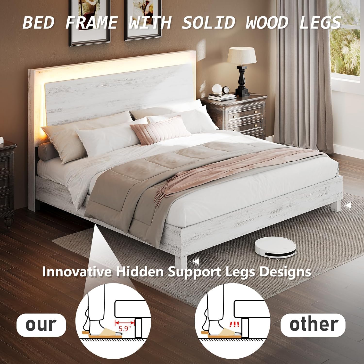 LUXOAK Queen Size Wood Bed Frame with RGBW LED Light, Mid-Century Modern Platform Bed with Floating Headboard and Solid Wood Legs, No Box Spring Needed, Easy Assembly, Distressed White