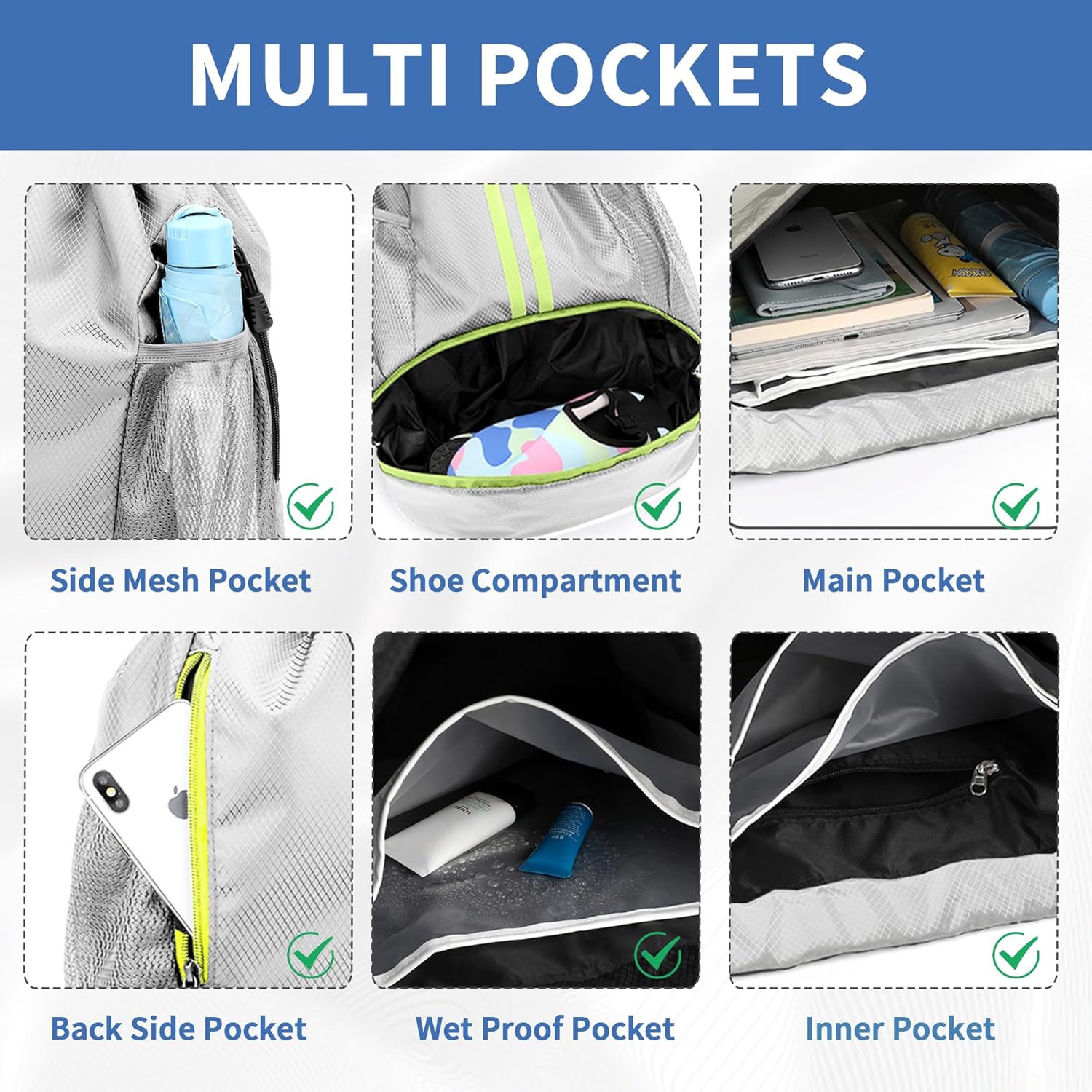 Drawstring Backpack Gym Bag with Shoes Compartment for Soccer, Basketball, Swim, Water-Resistant String Backpack Beach Cinch for Women Men, Grey - Image 4