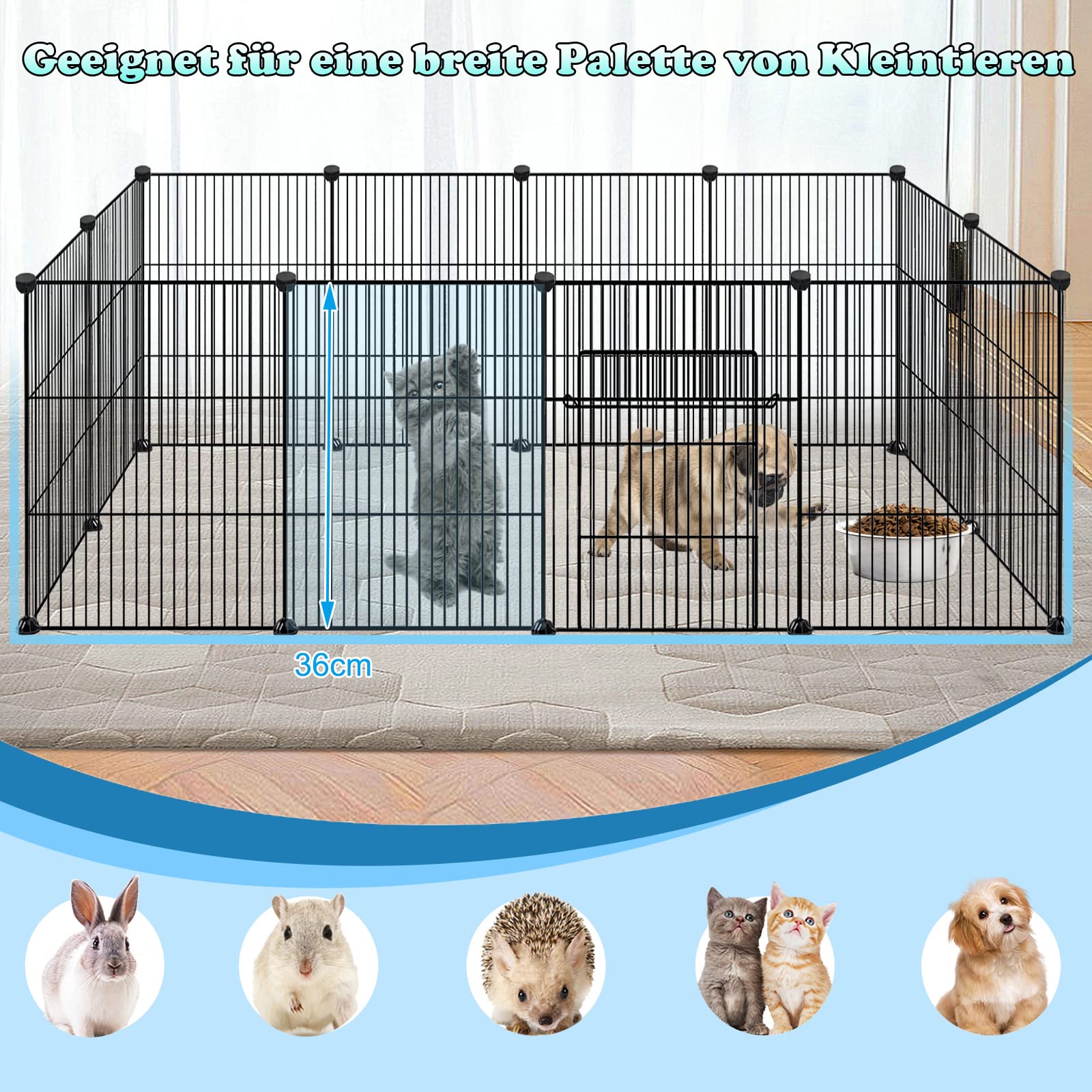 Froadp Recinzione per Animali Domestici Conigli da Esterno 142x72x72cm in Metallo 24 Pezzi Recinto a Griglia con Porta per Cavie, Animali da Compagnia, Gabbia per Cuccioli, Hamster (Nero)