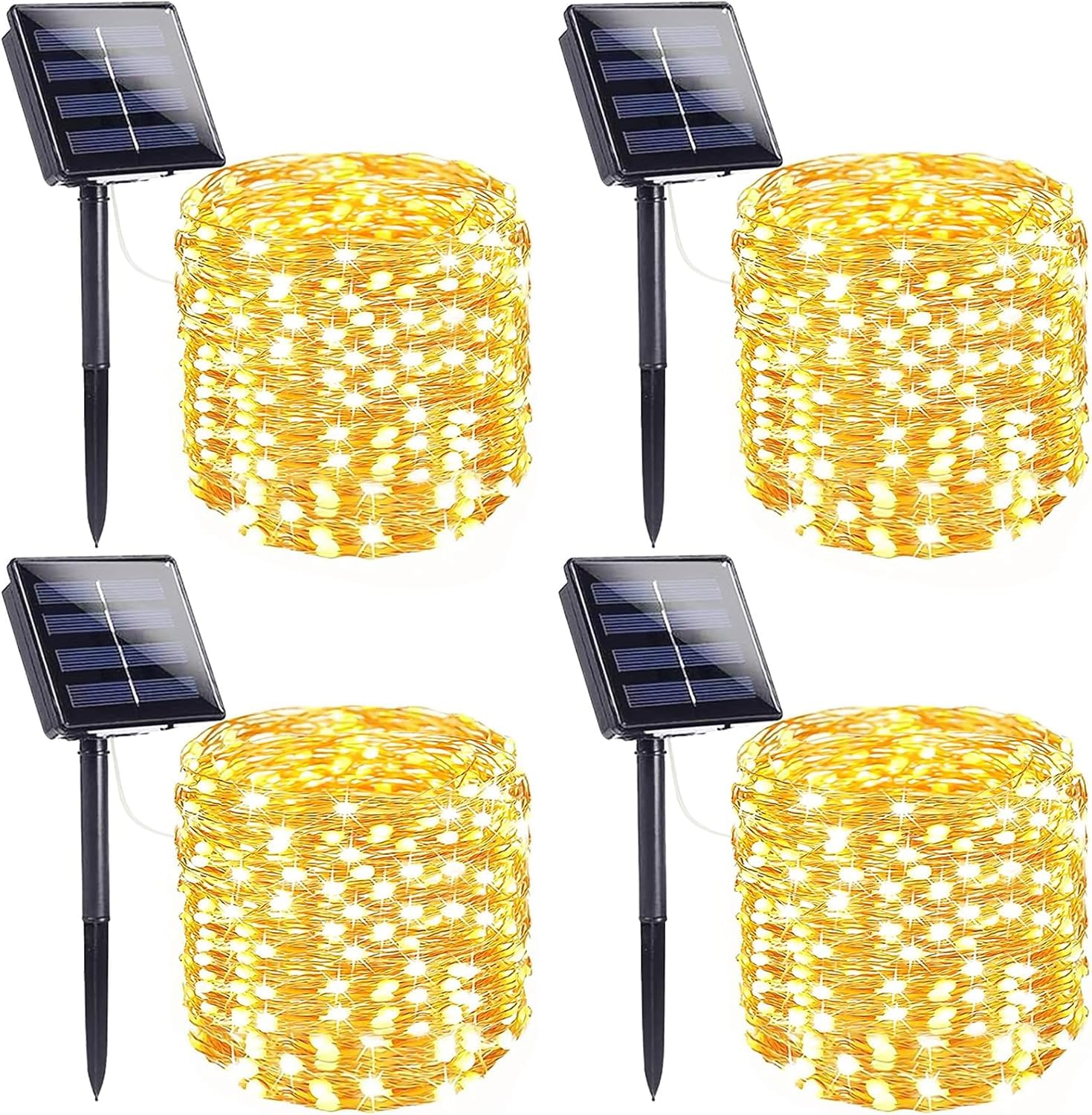 Lot de 4 guirlandes lumineuses solaires pour l'extérieur, 400 LED au total, étanches, lumière scintillante en fil de cuivre, 8 modes, lumière féérique pour sapin de Noël, jardin, fête, décoration de