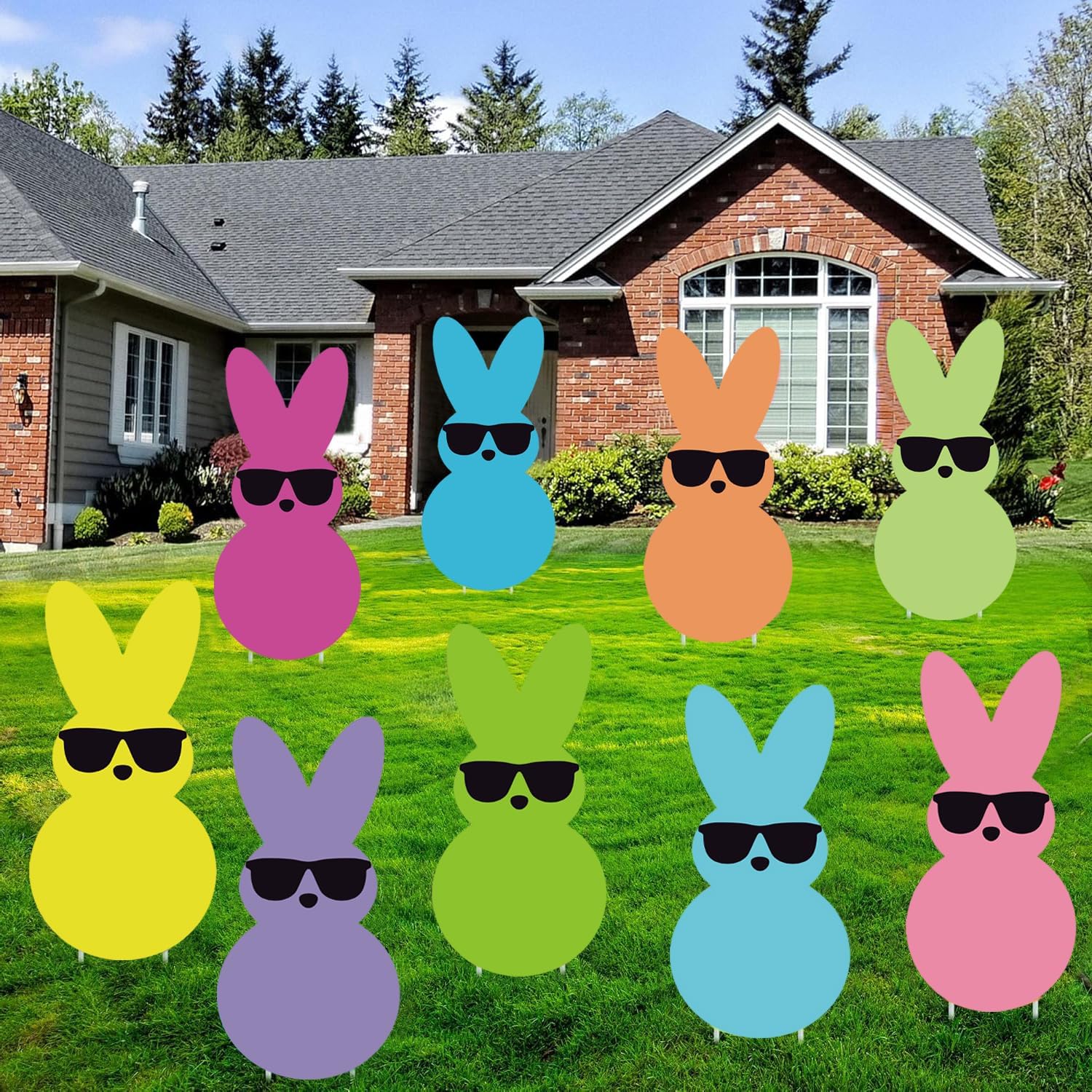 9Pcs Easter Yard Sign Outdoor Decorations Funny Sunglasses Colorful Bunny Stakes Garden Lawn Decor Welcome Signs for Happy Holiday (Easter)