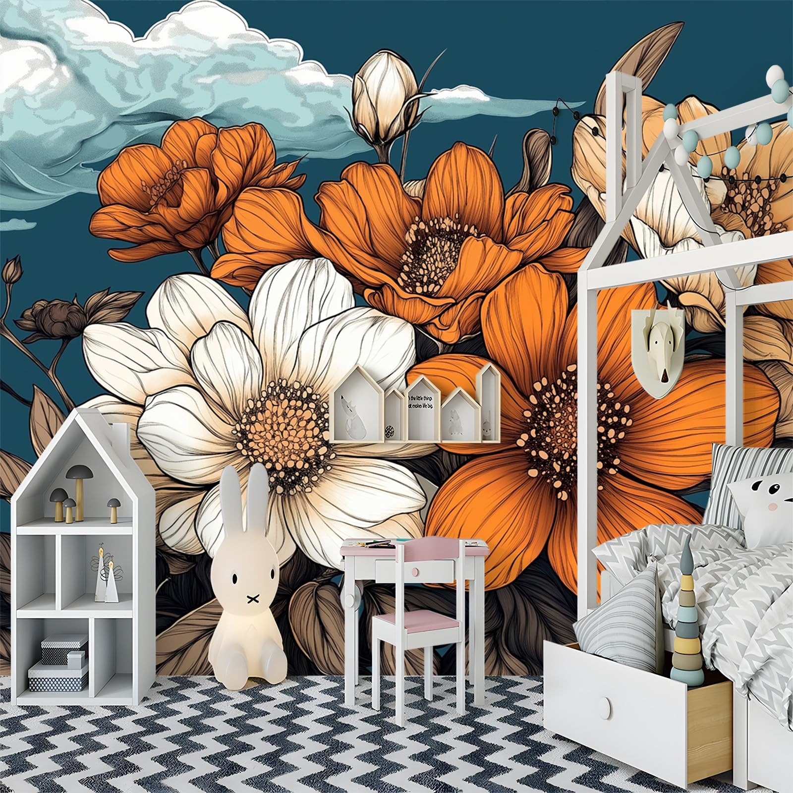 Panoramiczne Tapety Kwiaty Ręcznie Malowane Retro Tapety, Włókniny Plakat Mural 3D 300 x 210 cm, Salon Tapeta Sypialnia Pomarańczowy I Biały