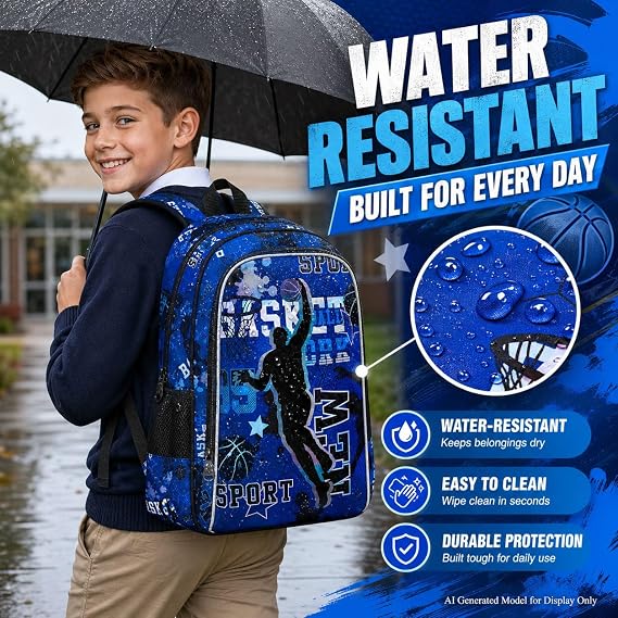AGSDON 3PCS Boys Backpack, 17 Basketball Kids Bookbag with Lunch Box, Backpacks with Water Resistant and Lightweight for Teenagers
