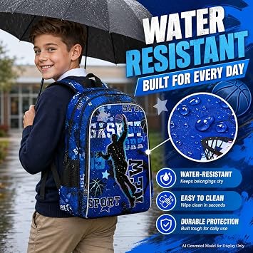 AGSDON 3PCS Boys Backpack, 17 Basketball Kids Bookbag with Lunch Box, Backpacks with Water Resistant and Lightweight for Teenagers