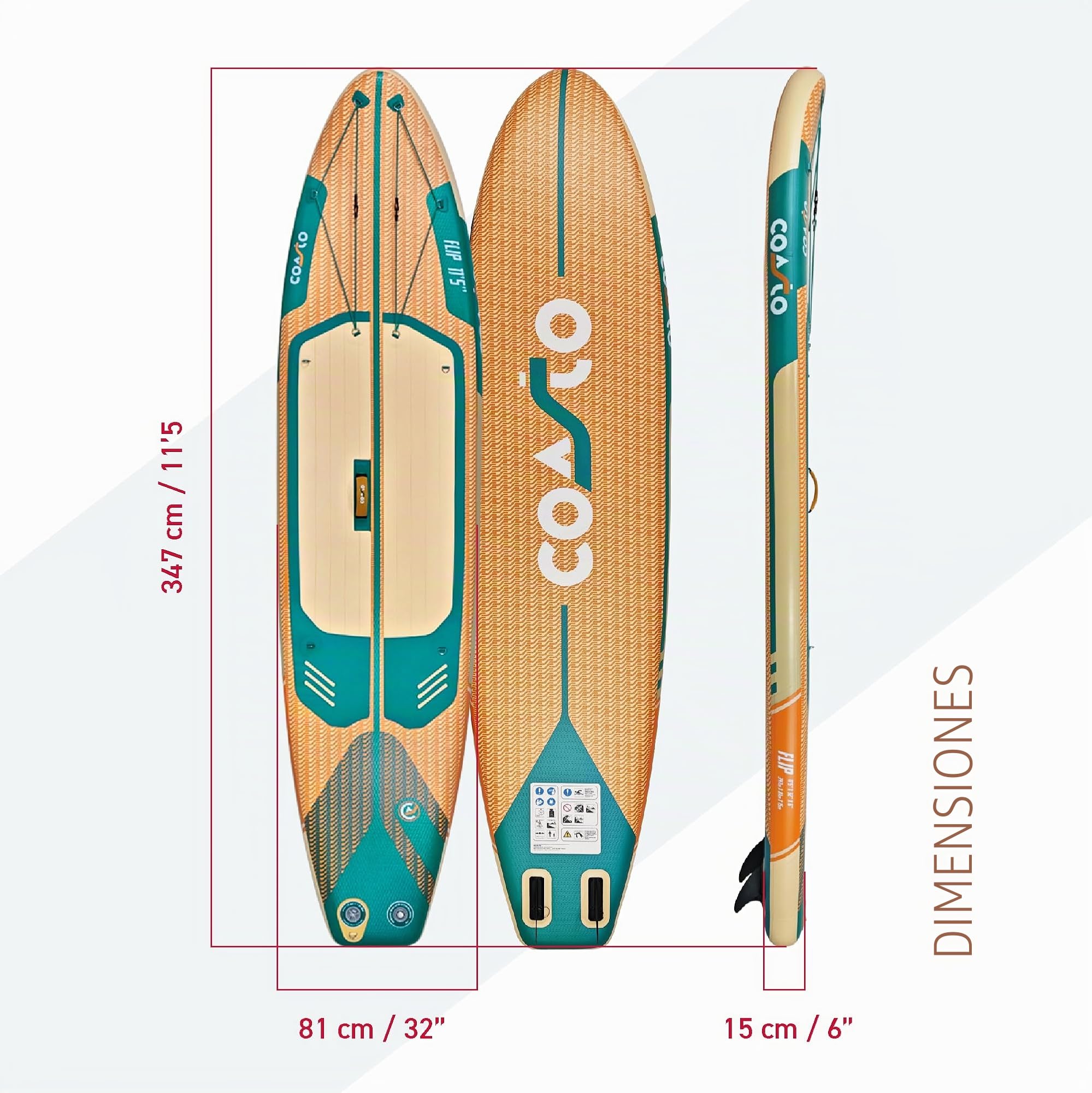 Coasto – Sup Stand Up Paddle Inflable Coasto Flip 11'5 – PB-CFLIP115-348x81x15 cm Dropstitch Woven – Paquete Completo – Paleta Leash Bomba Bolsa de Transporte – hasta 150 kg – Naranja