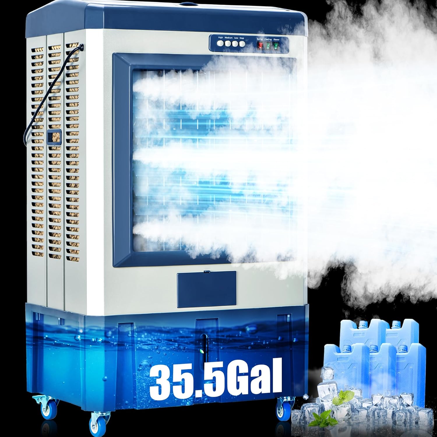 AKIRES 8978CFM Portable Swamp Cooler Air Conditioner,57IN Air Cooler for 1729Sq.ft of Space,with Continuous Auto Fill,35.5-Gal Water Tank,120°Oscillation,5 Ice Packs,Cooling Fan for Outdoor,Garage