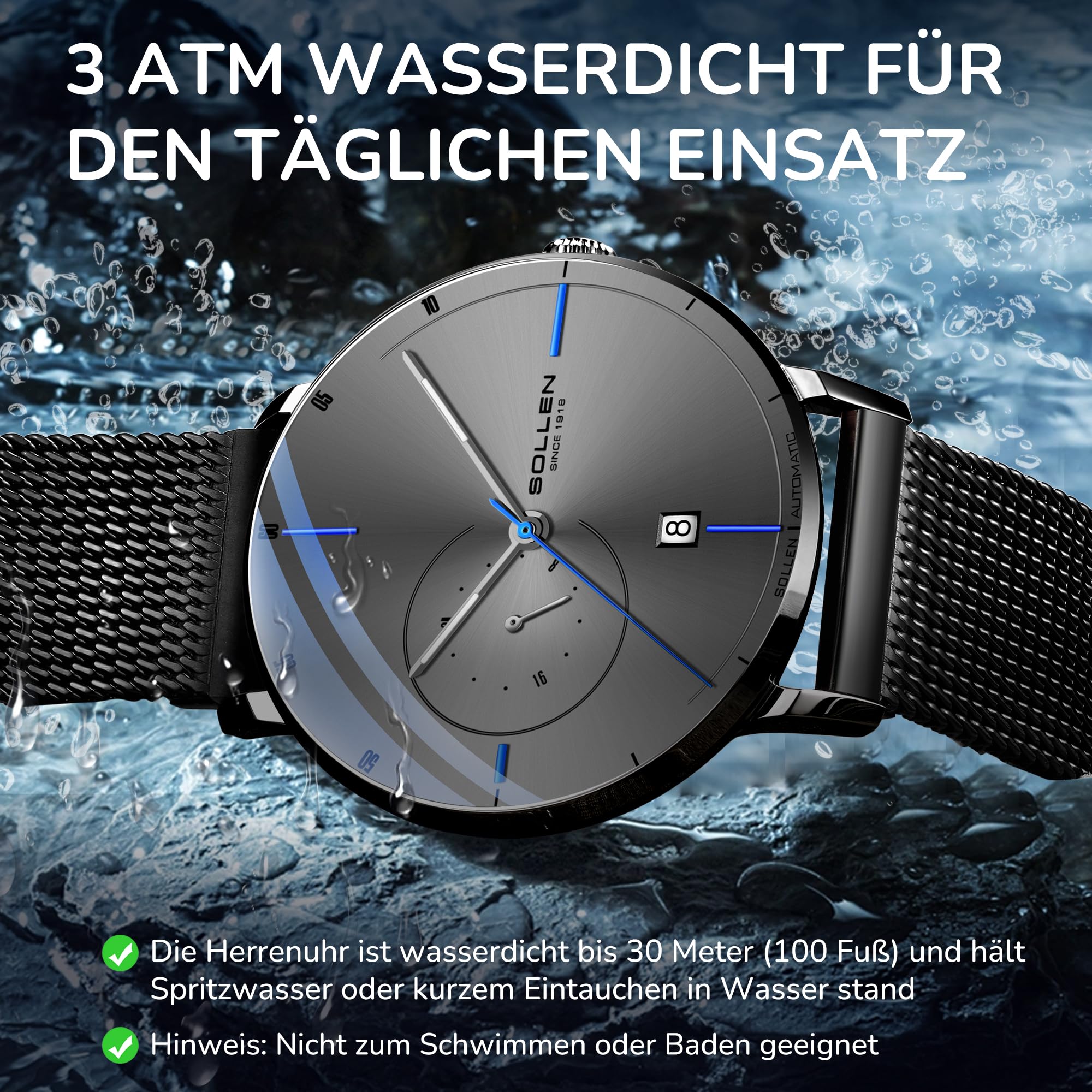SOLLEN Minimalistische Automatikuhren Herren,Grau Automatische Herrenuhren,Originales Mechanisches Uhrwerk,3ATM Wasserdicht Leuchtend Selbstaufzug Herrenuhr mit Kalendar,Business Armbanduhr für Männer