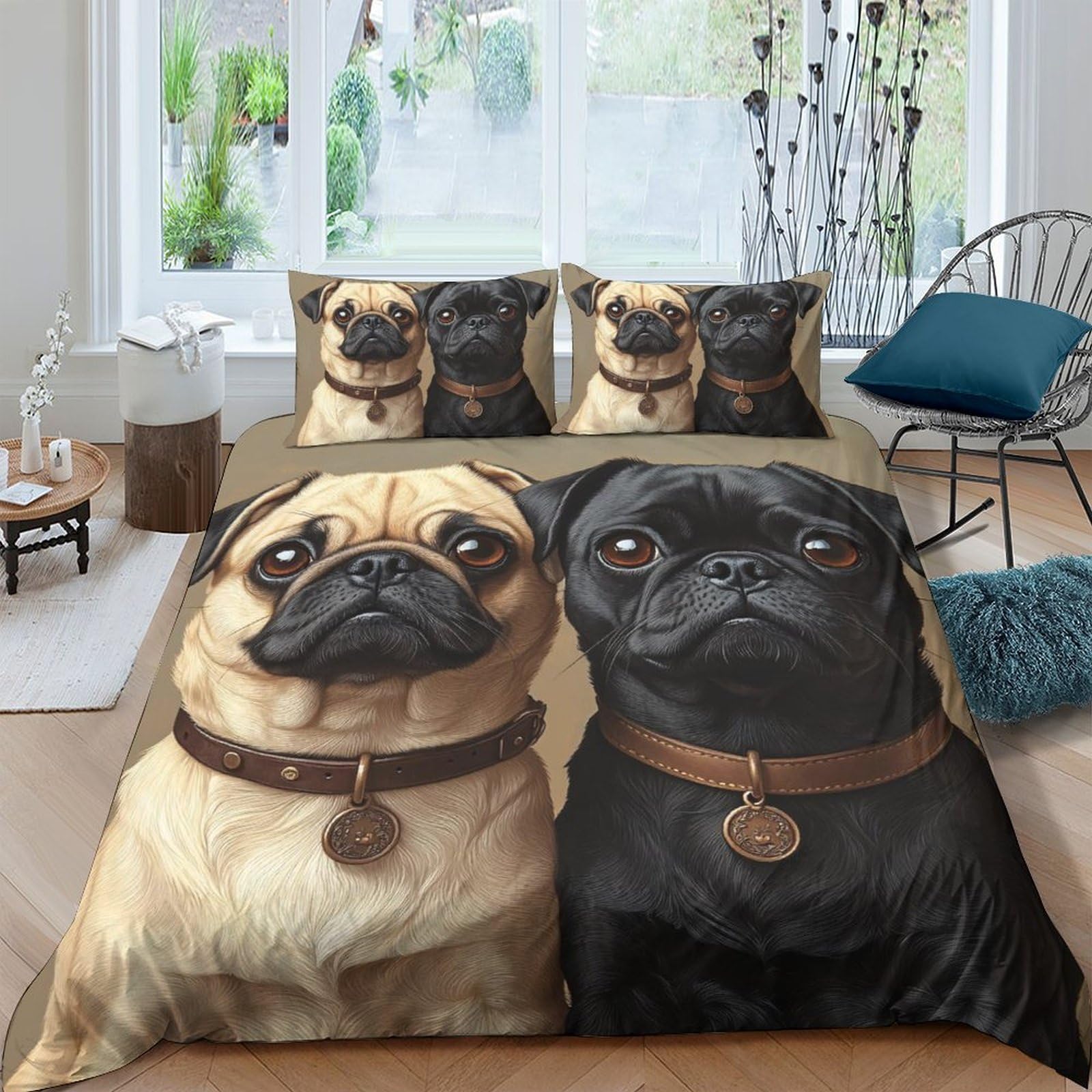 GPLZQXKJNH 3D Printed Pug Dog Duvet Cover Microfiber Soft Breathable Black Beige Bulldog Bedding Set with 2 Pillowcases for Bedroom Decor Single（135x200cm）