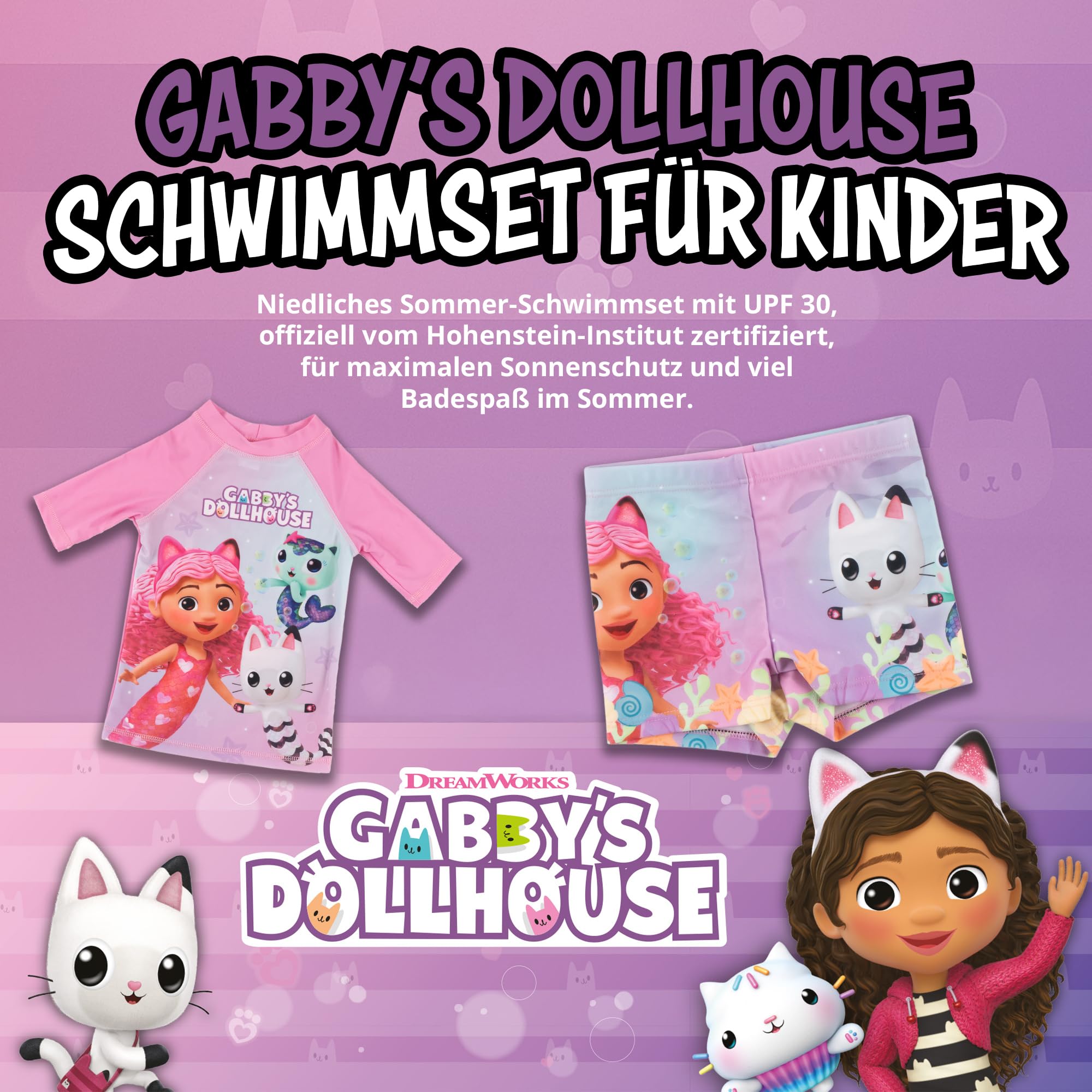 United Labels Gabby's Dollhouse Badeanzug zweiteilig UV Schutz 30 für Mädchen, Rosa Lila, Bademode Kinder mit Shirt und Badehose, Badebekleidung