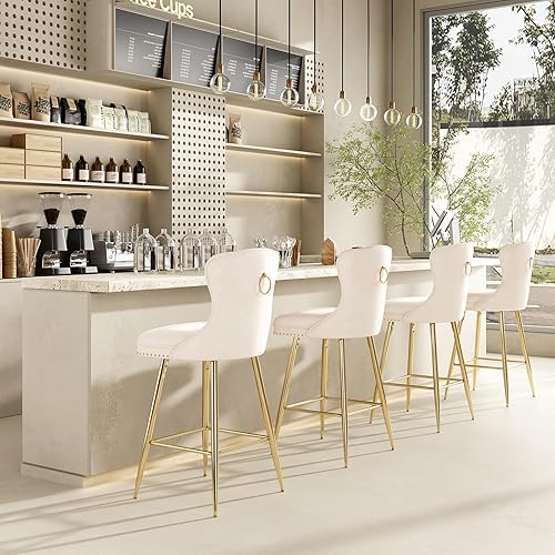 Miniatura 5 de Farini Juego de 4 taburetes de bar, de terciopelo con patas de metal, botones copetudos y ribete de cabezas de clavos, sillas de bar con respaldo