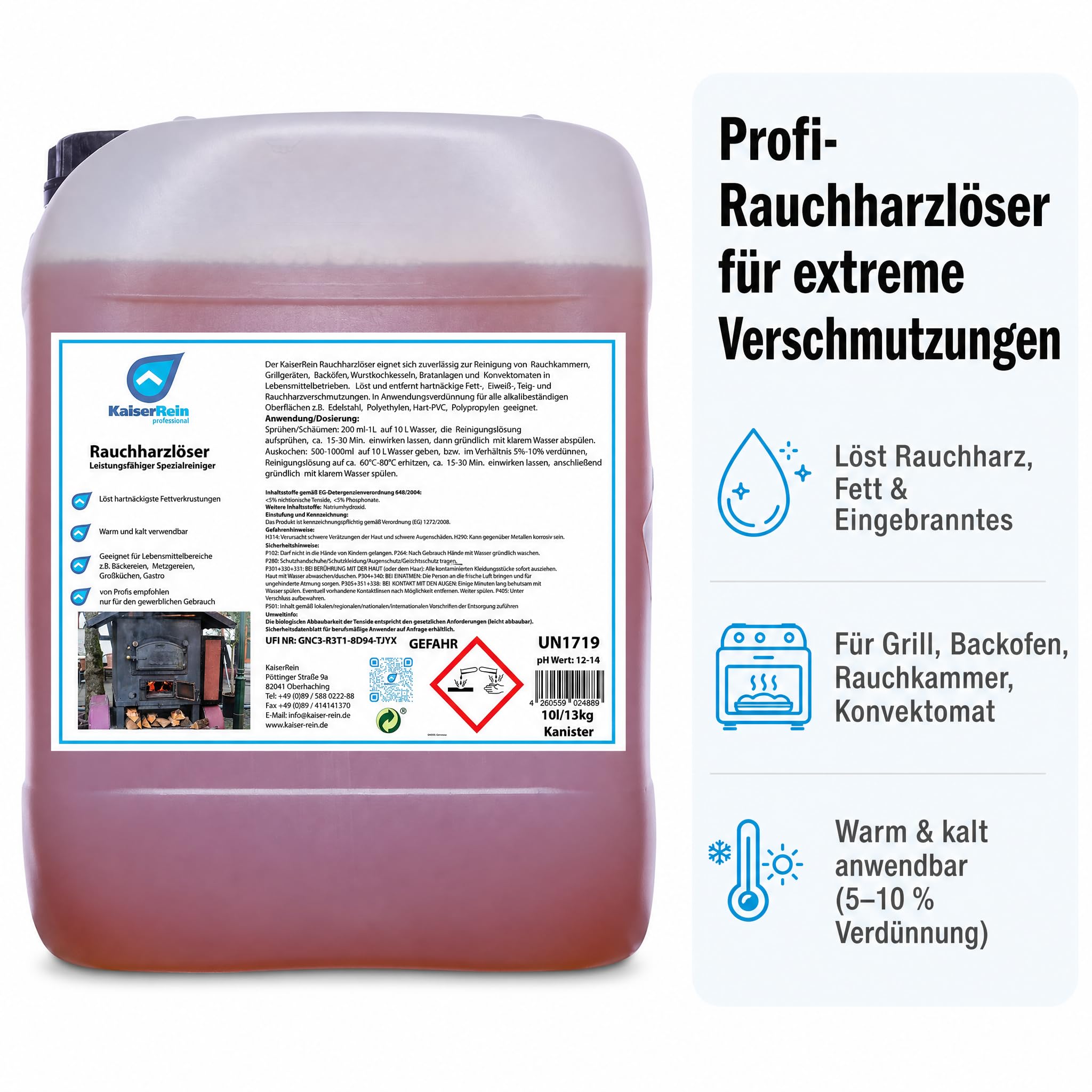 KaiserRein Grillreiniger Profi Rauchharzentferner, Backofenreiniger extra stark, 10-l-Kanister, schäumbar, warm/kalt, für Rauchkammern, Grills, Öfen, Konvektomaten, stark alkalischer Gastro-Reiniger