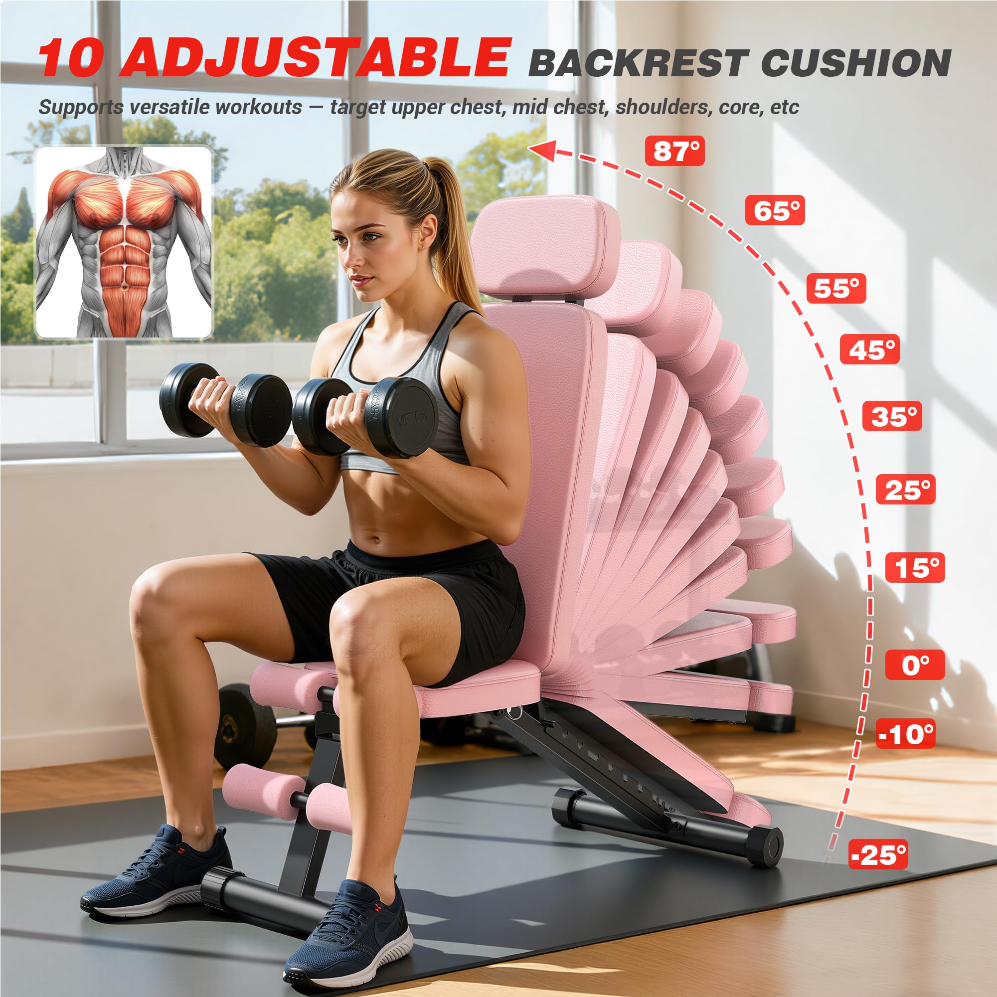Workout Bench, 10 Backrests Adjustable Weight Bench with Extended Headrest, 800LBS Foldable Weight Bench for Home Gym, Incline Decline Flat Bench Compact for Small Space Training