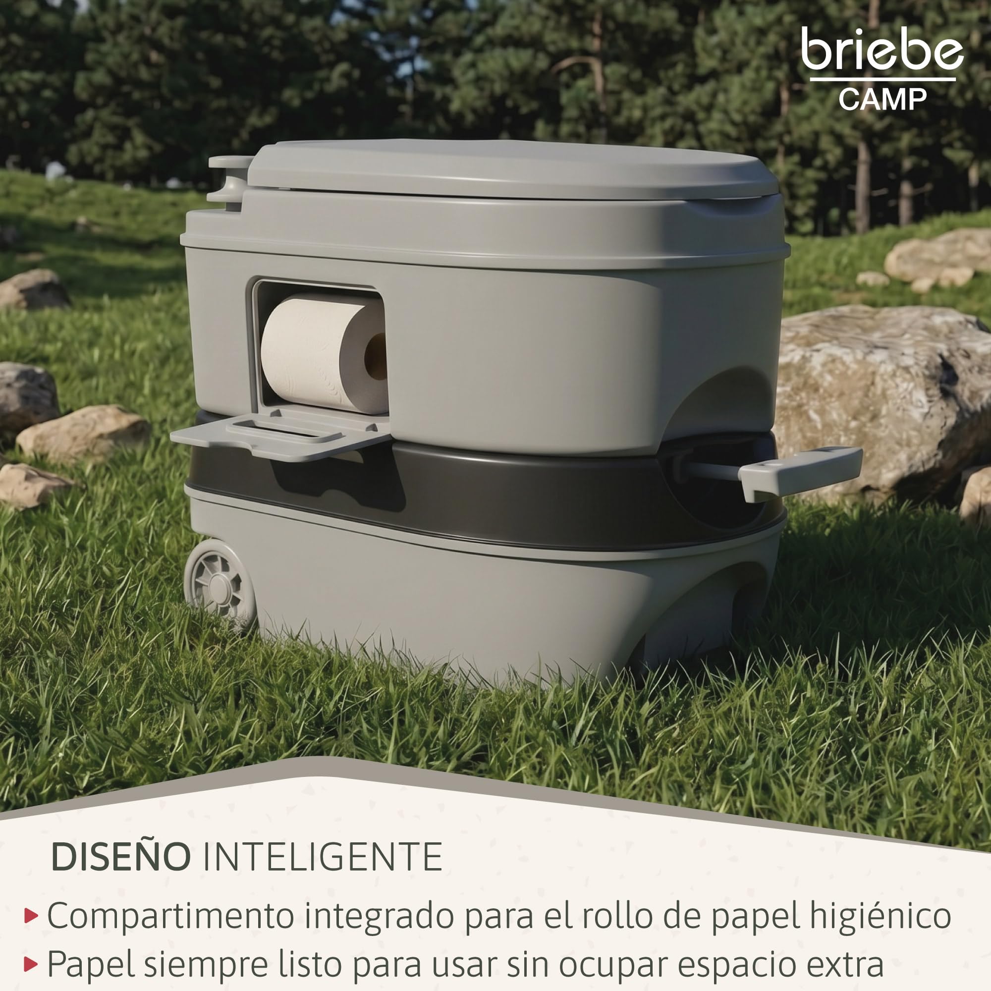 briebe Camp WC Inodoro Portátil Químico con Ruedas Adultos Potty 24L Camping, Camper, Auto Caravana, Water con Cisterna Descarga Agua 20L, Válvula Drenaje sin Fugas, Fácil Limpiar y Vaciar WC1196G