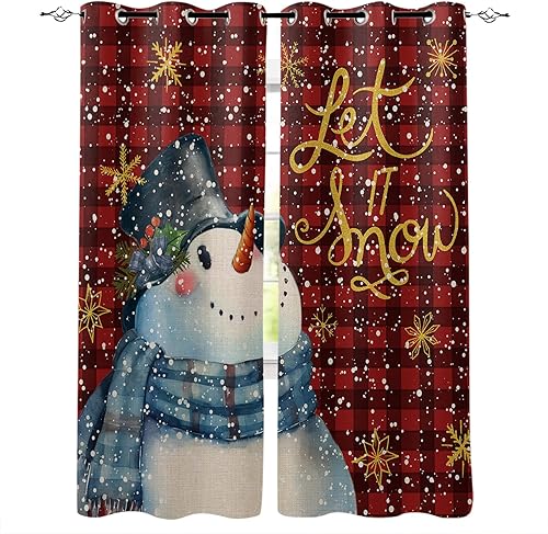 Cortinas opacas para dormitorio, Navidad, vintage, muñeco de nieve, color rojo, a cuadros, con ojales, aislamiento térmico, cortina de