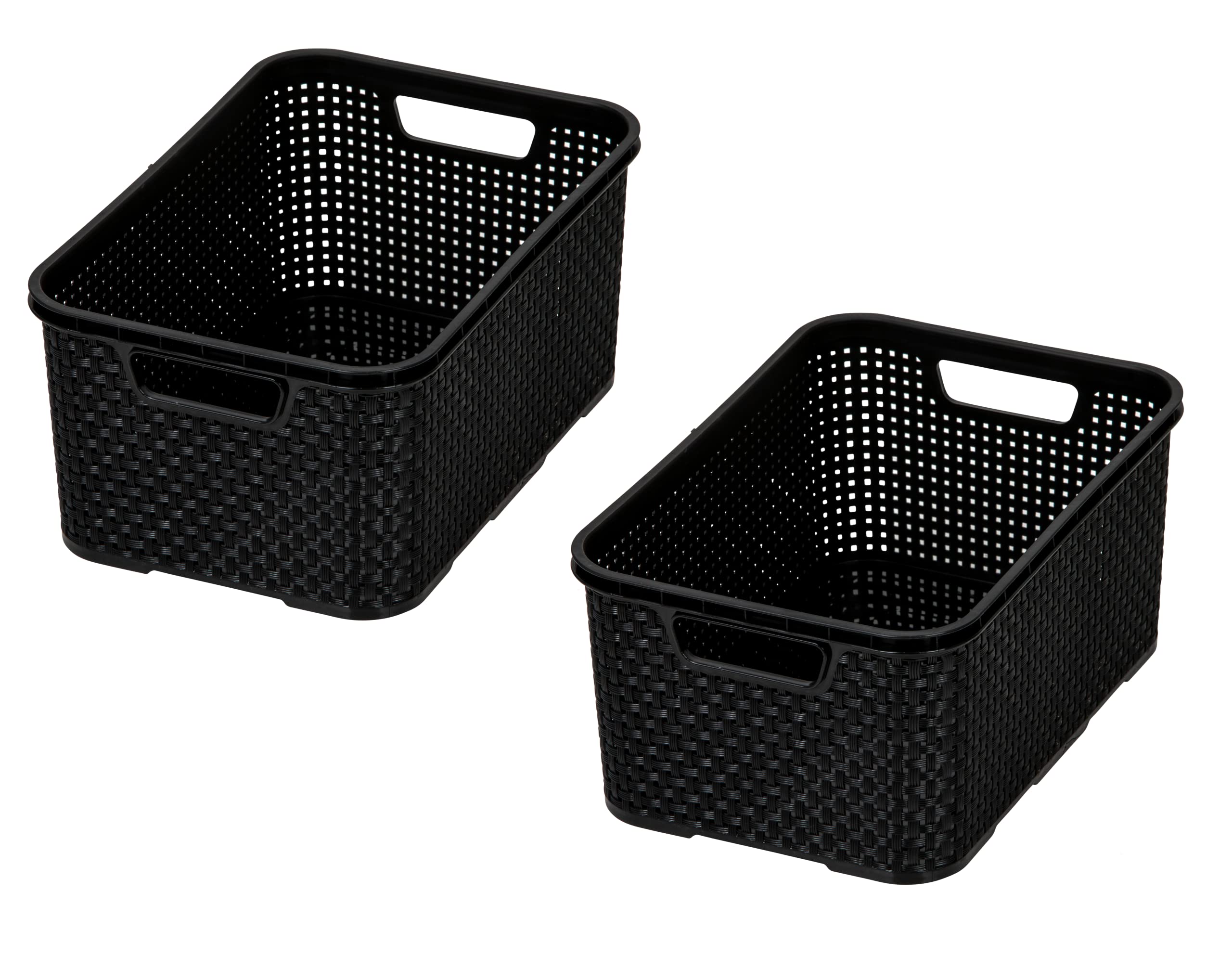 BranQ - Home essential Basket in rattan design, set of 2, size L, 19 l, BPA-free plastic PP, black, 38 x 27.8 x 18.5 cm, 2 pieces