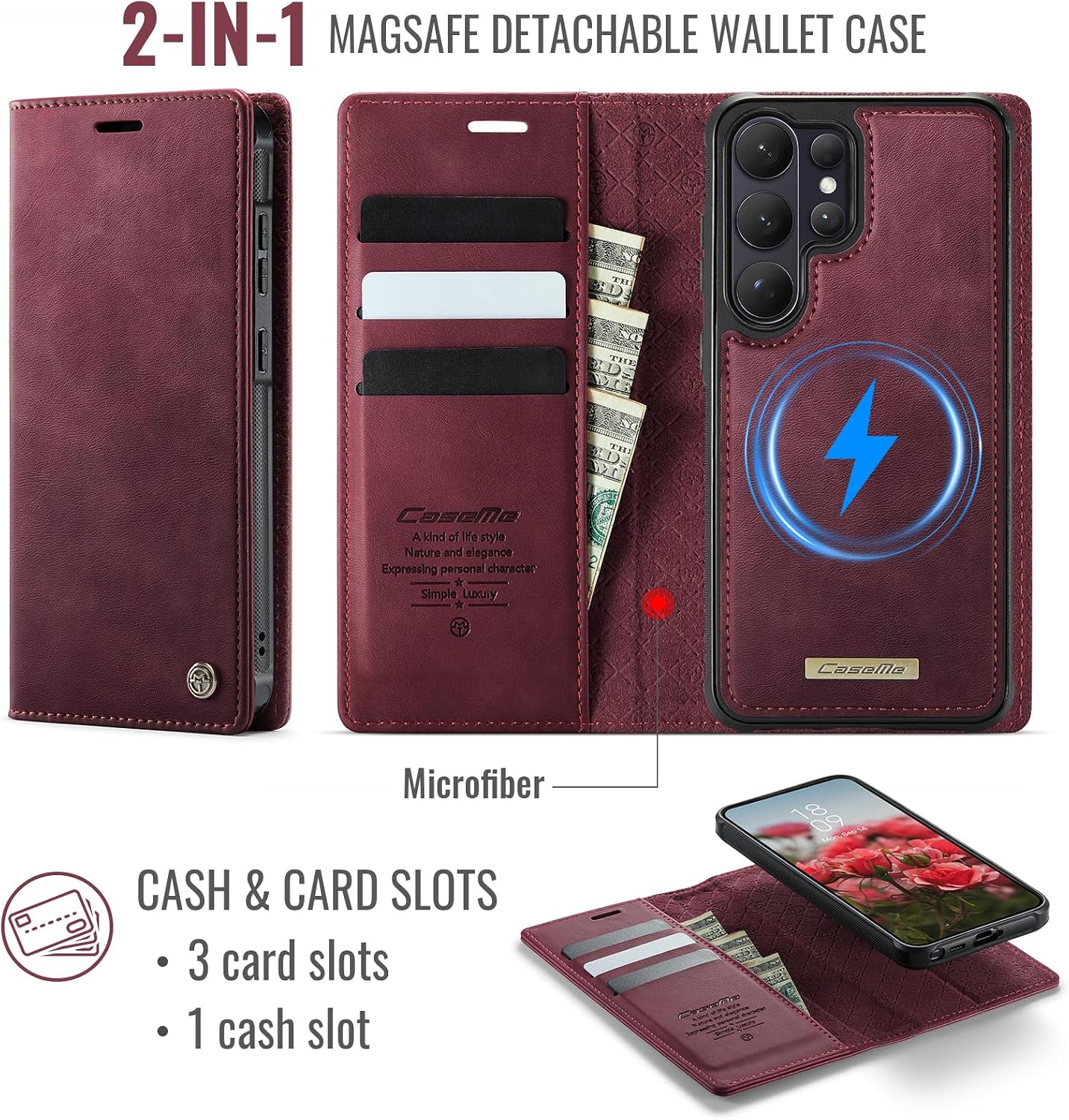CaseMe Detachable Wallet Case for Samsung Galaxy S26 Ultra, 2in1 Handmade Retro Durable PU Leather Magnetic Closure Flip Shockproof Case with Kickstand and Card Slots for Galaxy S26 Ultra (Red)