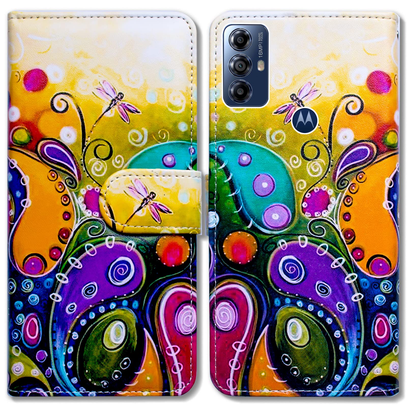Bcov Case for Moto G Play 2023, Colorful Dragonfly Leather Flip Phone Case Wallet Cover with Card Slot Holder Kickstand for Motorola Moto G Play 2023