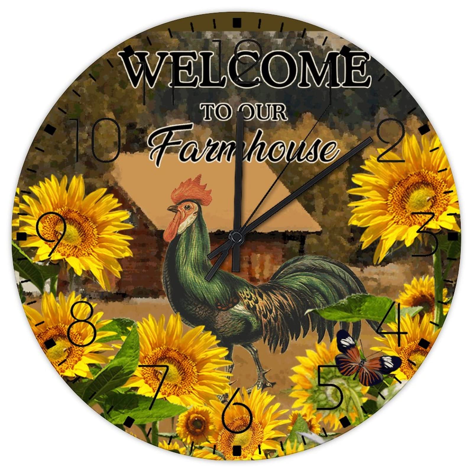 Horloge murale sans tic-tac silencieuse en bois Welcome to Our Farmhouse coq et poulet