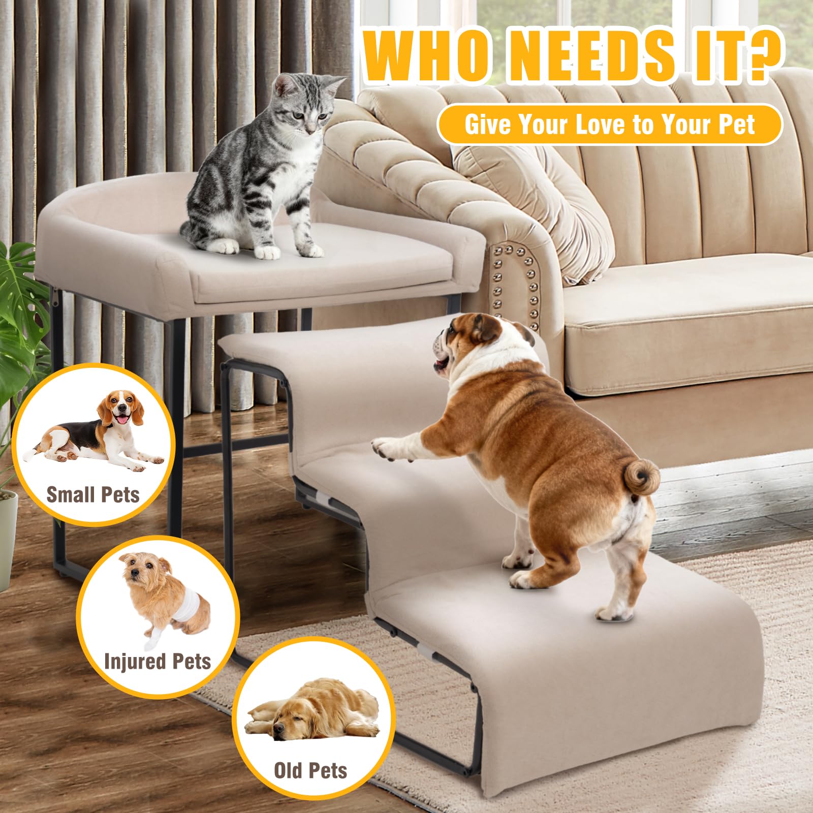 Escaleras para perros con juego de cama para mascotas para ventana, cama, sofá, marco de metal resistente con cojín suave, 3 escalones para perros y percha de ventana para mascotas pequeñas