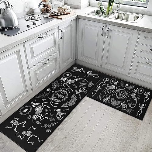 Miniatura 3 de ArtSocket Juego de 2 alfombras y tapetes de cocina de Halloween, antideslizantes, lavables, gran diseño gótico de conejo, polilla negra, alfombra de