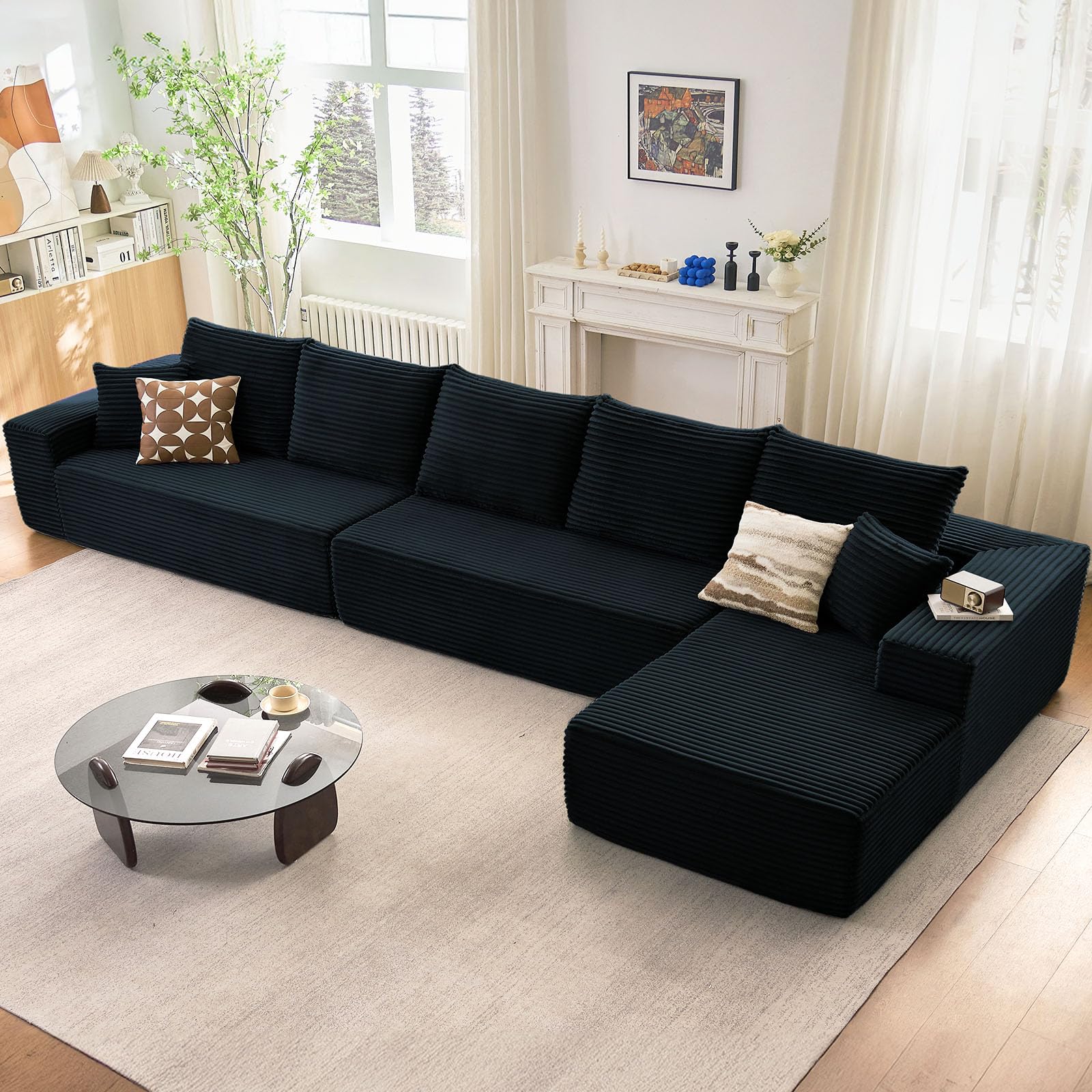 Oversized Modular Sectional Sofa Couch, Large 5 Seater Corner Sofa Modern L Shaped Sectional Couch Cloud Couches for Living Room, Office, Spacious Space, Corduroy, No Assembly Required, Black