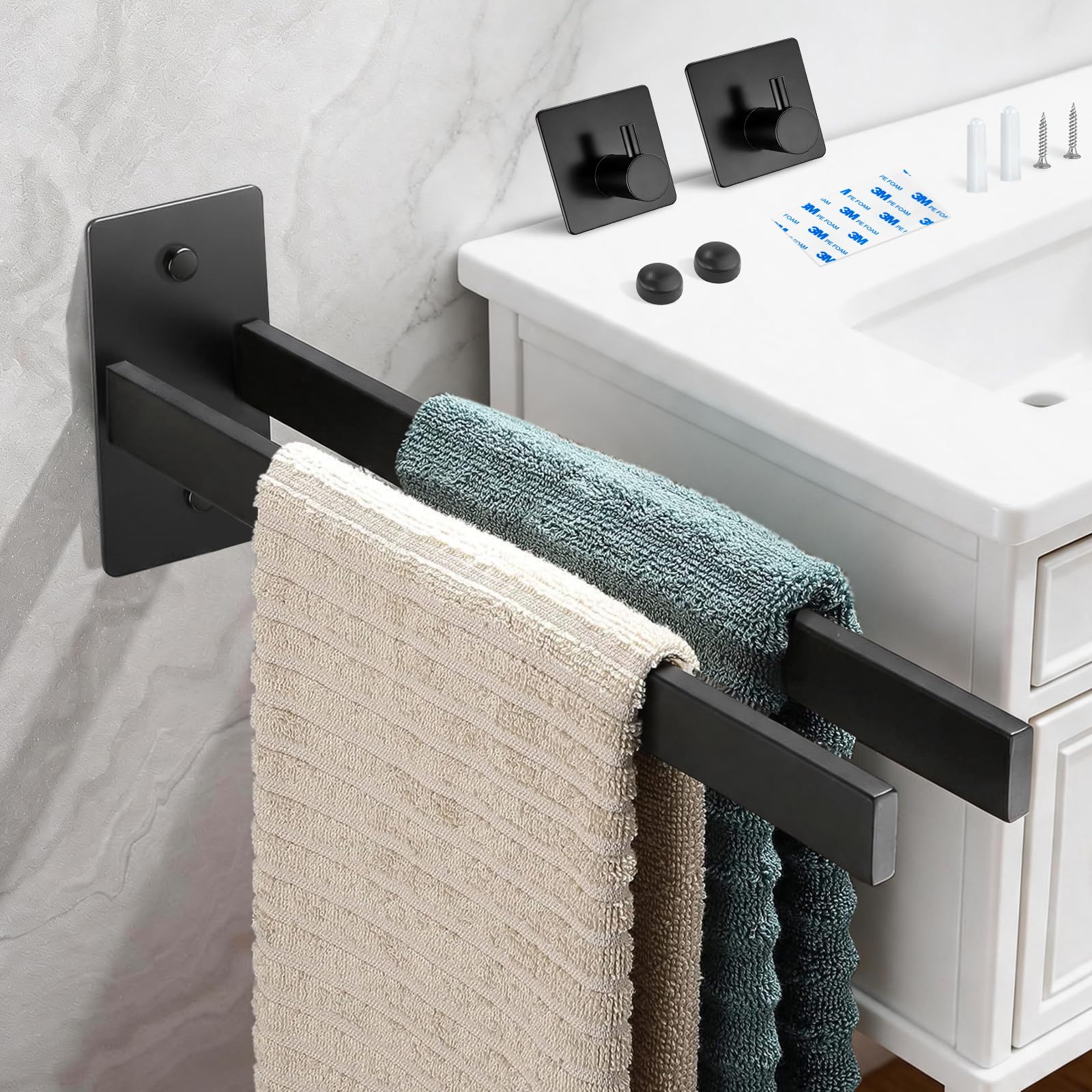 Porte-serviettes double en inox 304 noir à fixer sans percer pour salle de bain