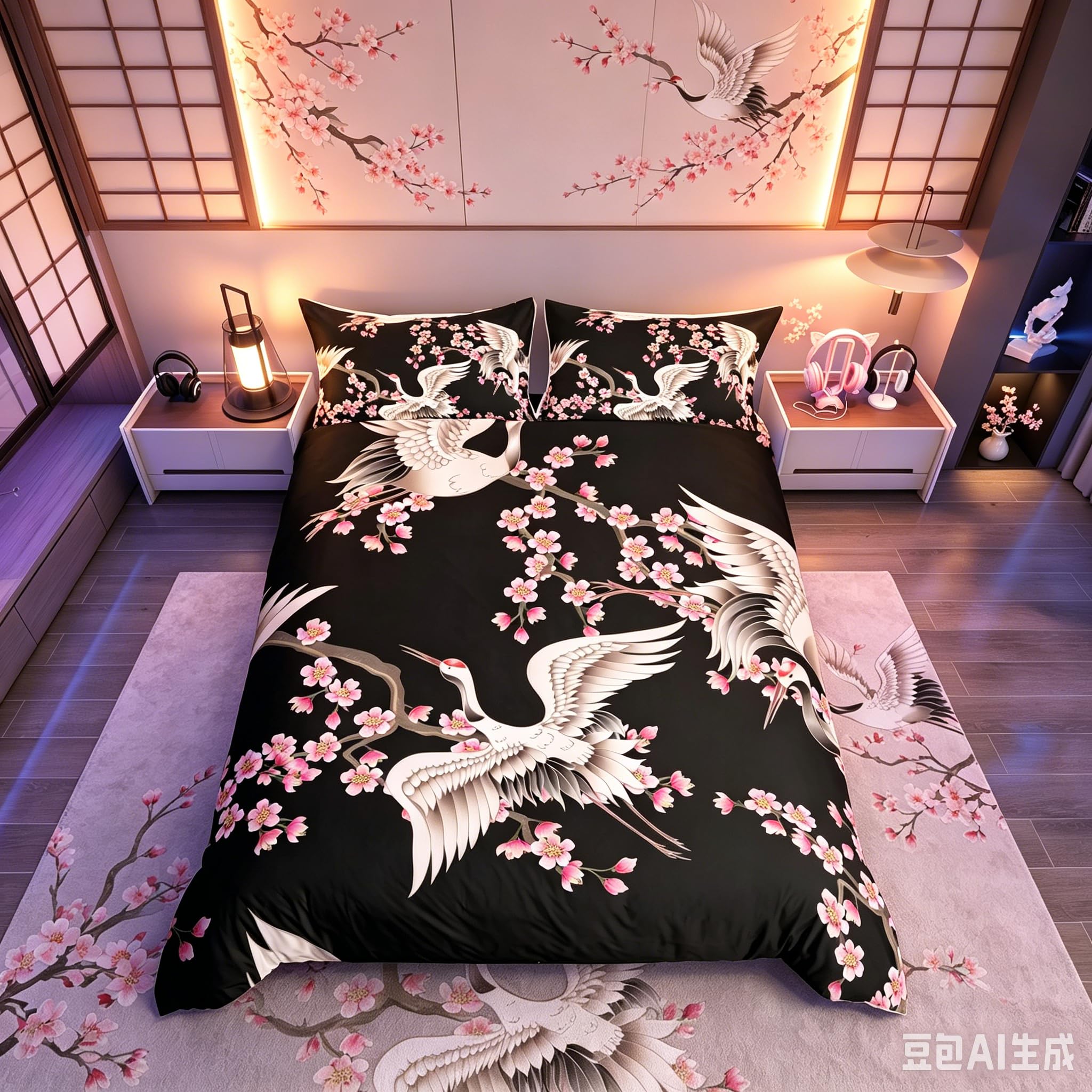 Loussiesd Multicoloured 15650 Japanese Ukiyoe Theme Duvet Cover Cherry Blossoms Comforter Cover Japanese-Style Bedding Set For Kids Children Crane Print Quilt Cover Black Exotic Style Double Size Bedclothes 3Pcs