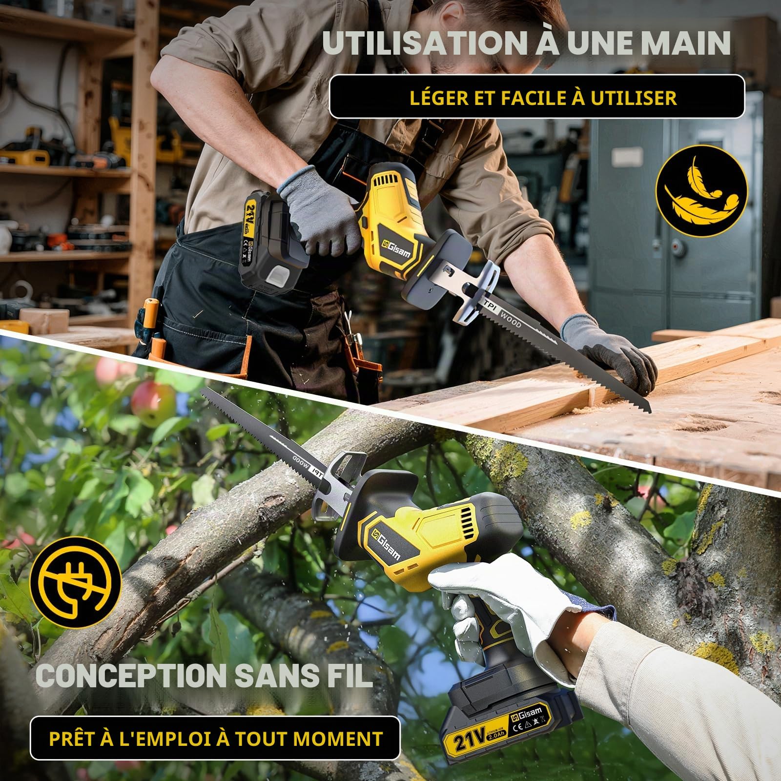Gisam Scie Sabre sans fil 21V, 3500 spm, Moteur sans Balais Silencieux, 2 Batteries de 4,0 Ah et 8 Lames de Scie, Scie éLectrique à Queue de Renard pour Bois, MéTal, Pvc