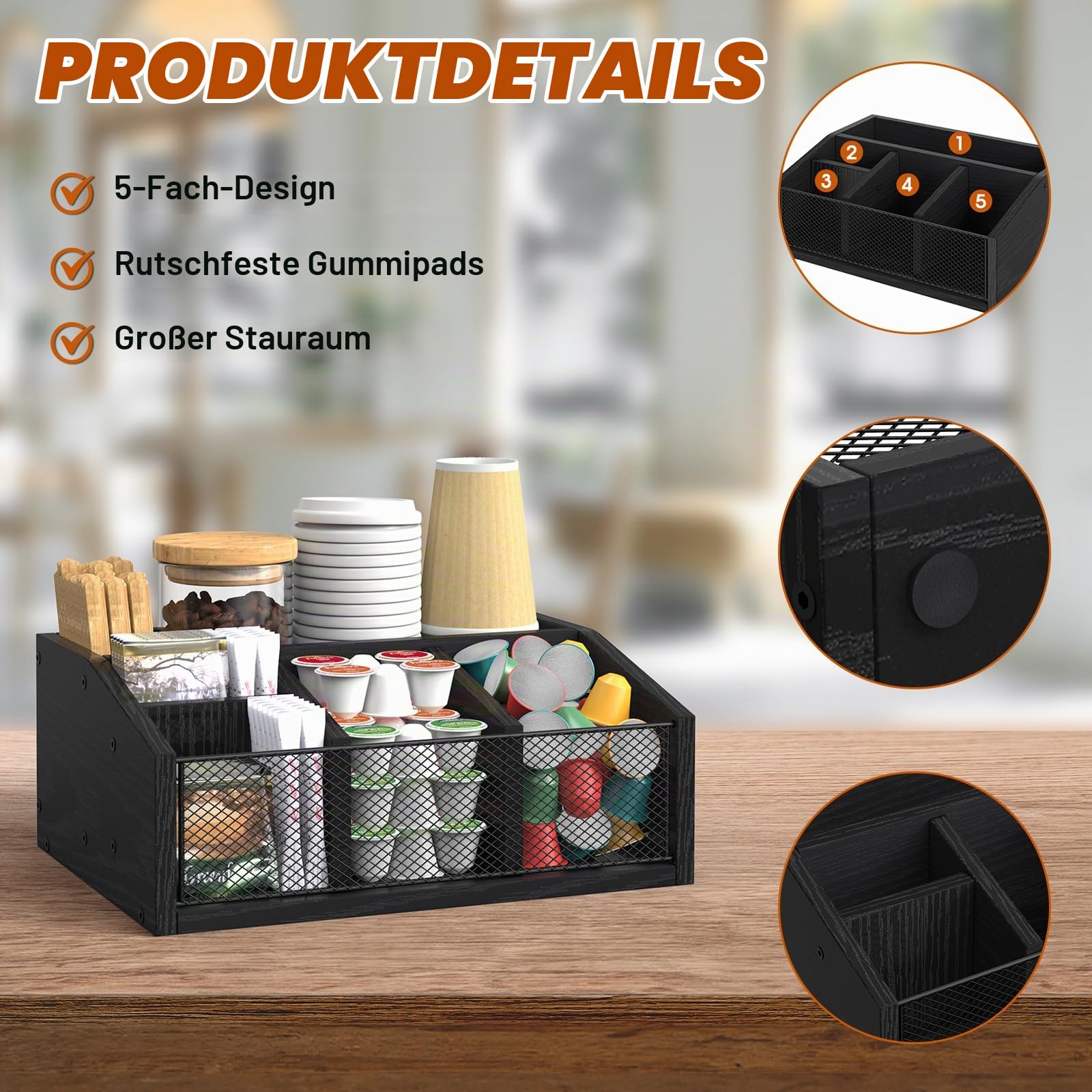 Kaffee Zubehör Aufbewahrungsbox mit 4 Fächern, Holz, Schwarz, für Küche und Organizer，Regal Weiß für Zucker, Sirup, Tee, Milch, Servietten, Tassen, Gewürz Zubehör Halter