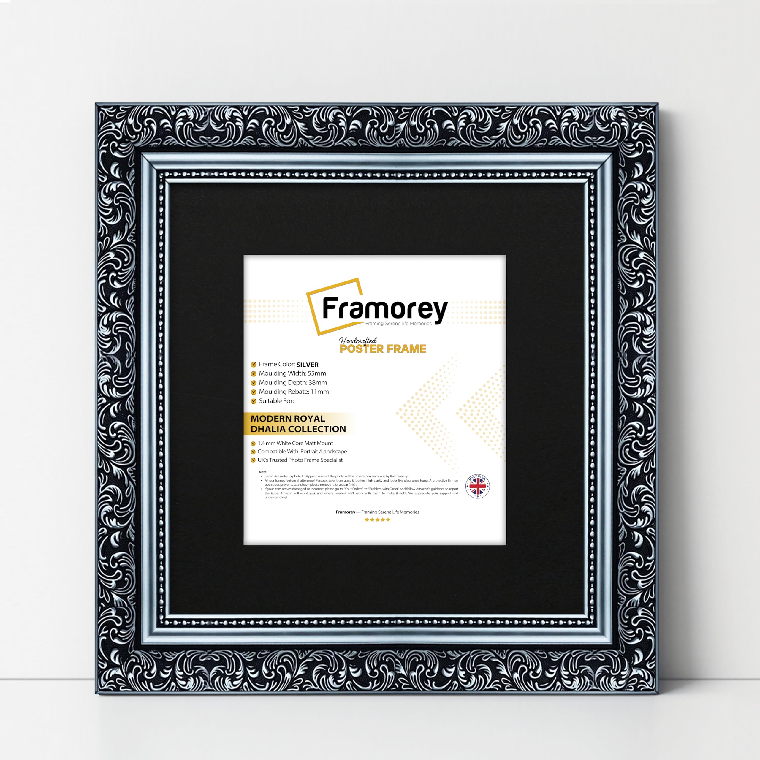 FRAMOREY Square Size Picture Frame, 16x16" Size Silver Photo Frame With 14x14" Size Black Mount, Dahlia Ornate Effect Wall Art Poster Frame, Casual Wall Art Frames
