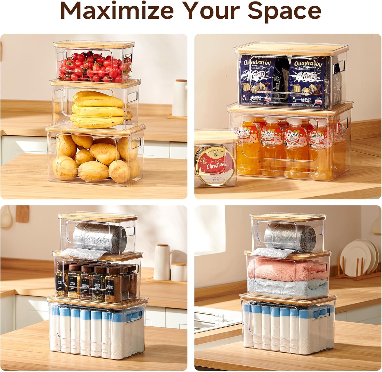 3-Pack Trash Bag Holder,Trash Bag Dispenser with Bamboo Lid, Stackable Acrylic Garbage Bag Dispenser for Under Sink Use in Kitchen, Laundry Room, and Pantry, Large Capacity Garbage Bag Holder