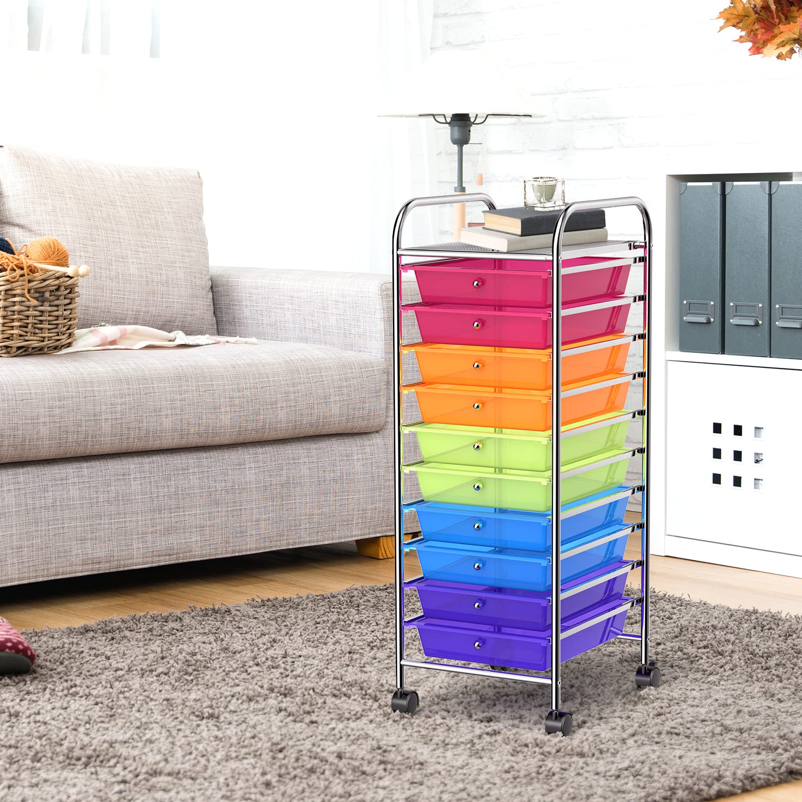 GOPLUS Chariot de Rangement à Roulettes avec 10 Tiroirs en PP, Tour de Rangement Mobile avec Poignée, Tablette Grand, Cadre en Métal, 37x33x86CM, Meuble Desserte pour Salle de Bain, Cuisine, Bureau