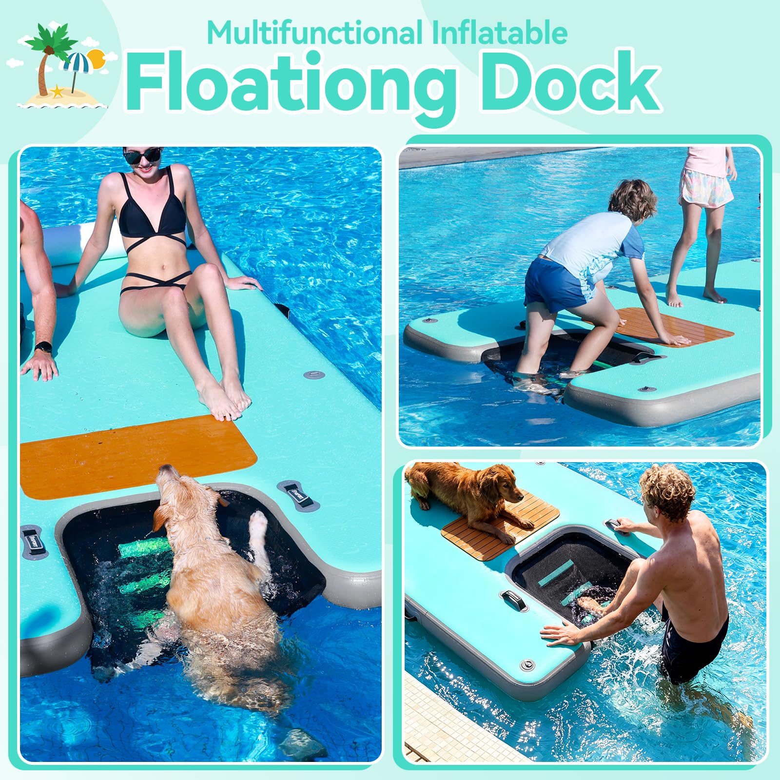 FBSPORT Aufblasbare Schwimmplattform mit Hunderampe, rutschfeste Luft-Schwimmplattform mit Wasserleiter und Kopfstütze, Aufblasbare Wasserinsel für Pool, See, Strand und Meer