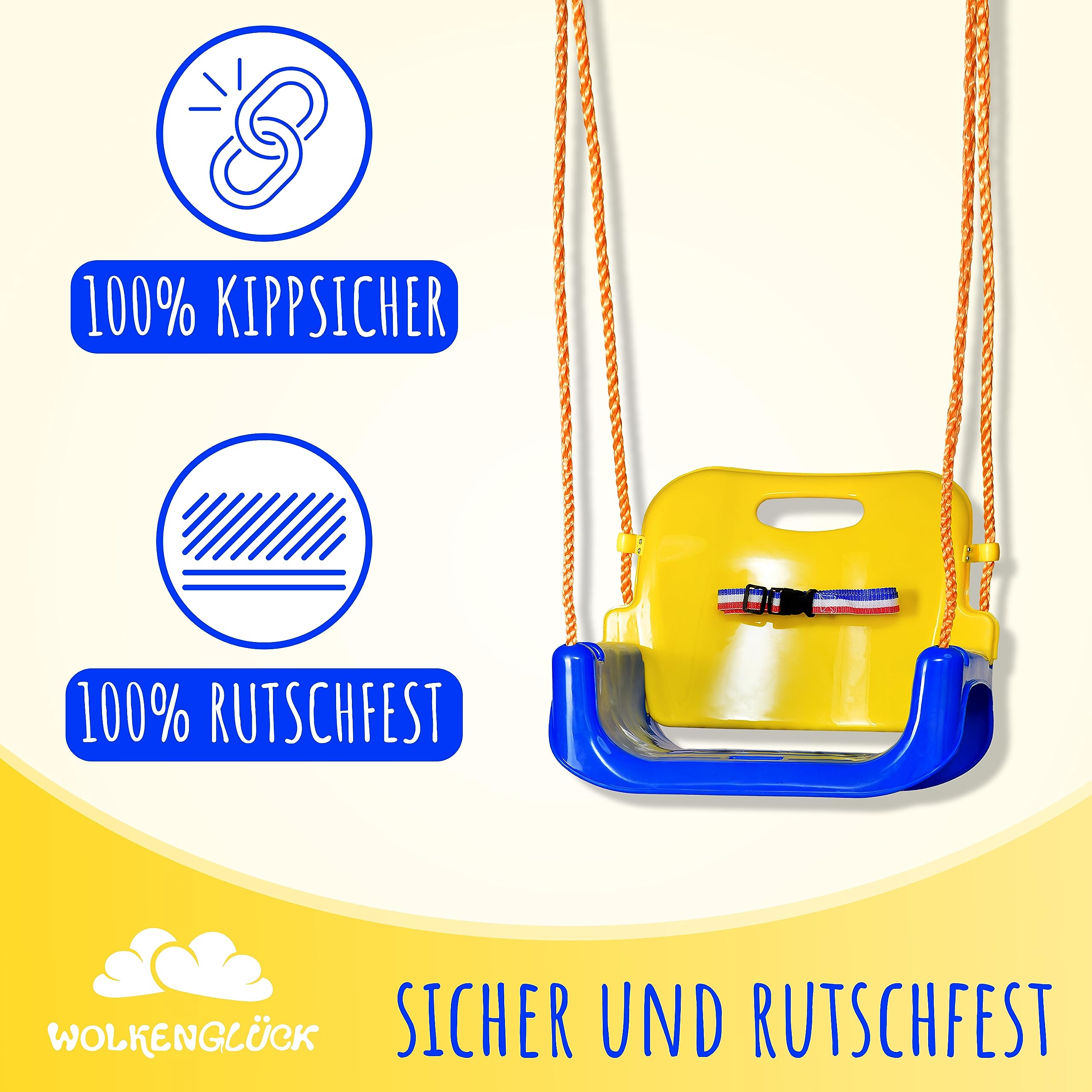 WOLKENGLÜCK® Babyschaukel 3 in 1 [6 Monaten bis 6+ Jahre] | Mitwachsende Kinderschaukel für Outdoor & Indoor | Hochwertige Schaukel inkl. Rückenlehne & Anschnallgurt
