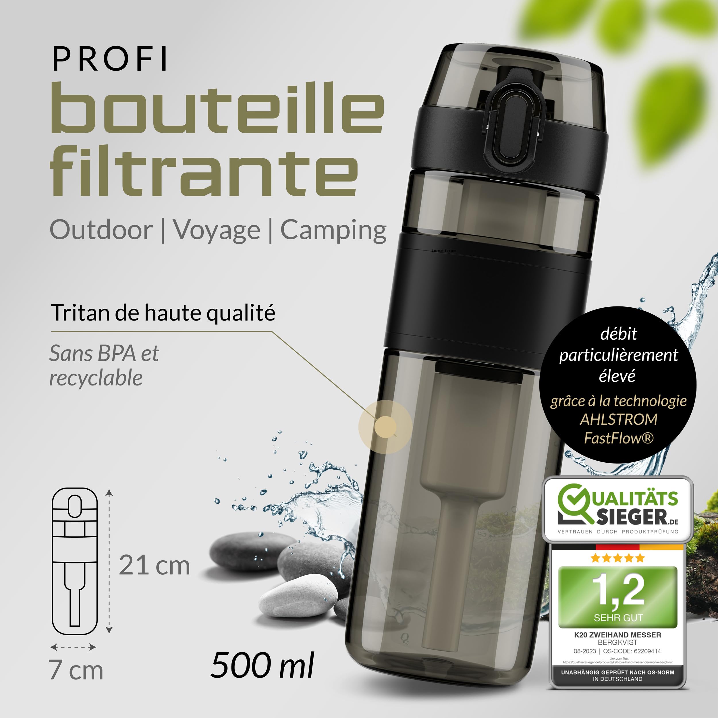 BERGKVIST Bouteille Filtrante FJÄLLKLAR 1L - Gourde Filtre 0,01 µm Ahlstrom, Eau Potable Randonnée Camping Survie