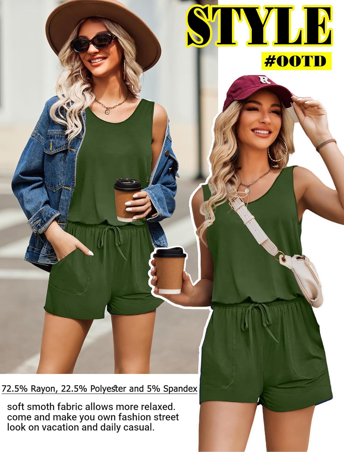 ADOME Rompers for Women Summer Sleeveless Scoop Neck Tank Top Casual Short Jumpsuit Rompers with Pockets - Image 6