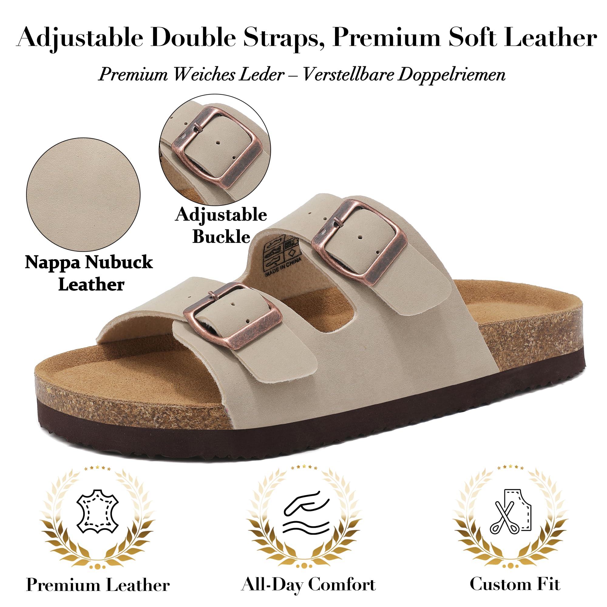 Sandales et Mules pour Femmes Été Confortable Pantoufles avec Boucles Réglable, Légères Sandales Orthopédiques avec Arch Support Antidérapant Bout Ouvert Chaussons avec Cuir Liège 36-42EU - 2