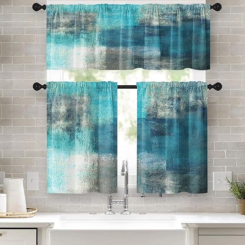 Turquoise Kitchen Curtains Teal Grey Window Curtains Valance and Tier Set, Modern Rod Pocket Short Tier Curtain, Abstract Art Small Cafe Curtains for Kitchen Decor 52" x 24"