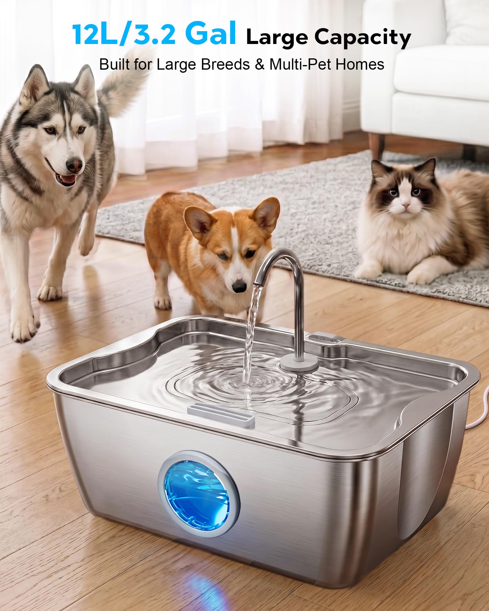 CEESC Fuente de agua para perros de acero inoxidable de 12L/3.2 galones con asas fáciles de transportar, dispensador automático de agua para mascotas con ventana visible y luz LED para perros grandes