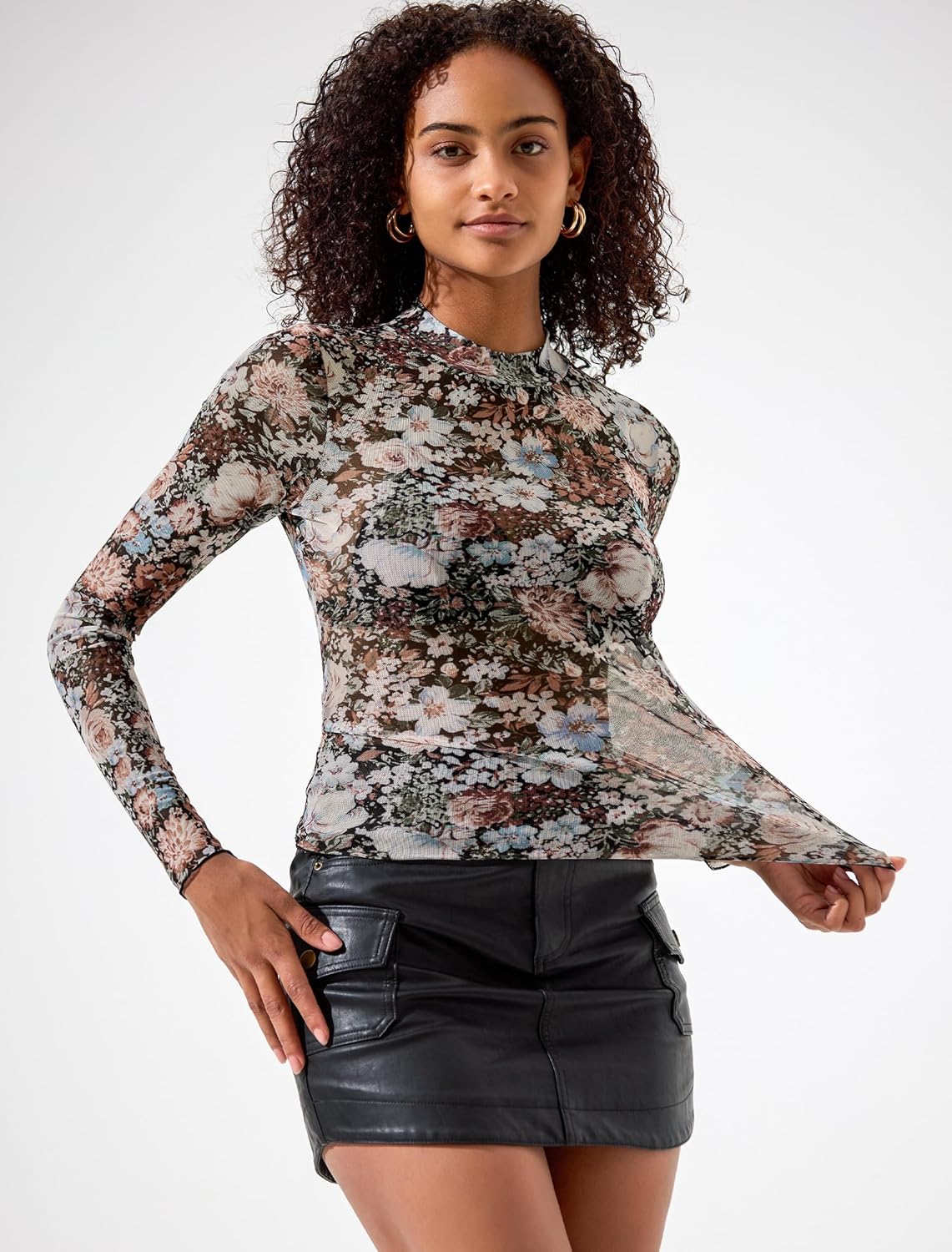 IWD Womens Mesh Long Sleeve Tops Sheer Lace Blouses Sexy See Through Mock Neck Tee Shirts - Image 2