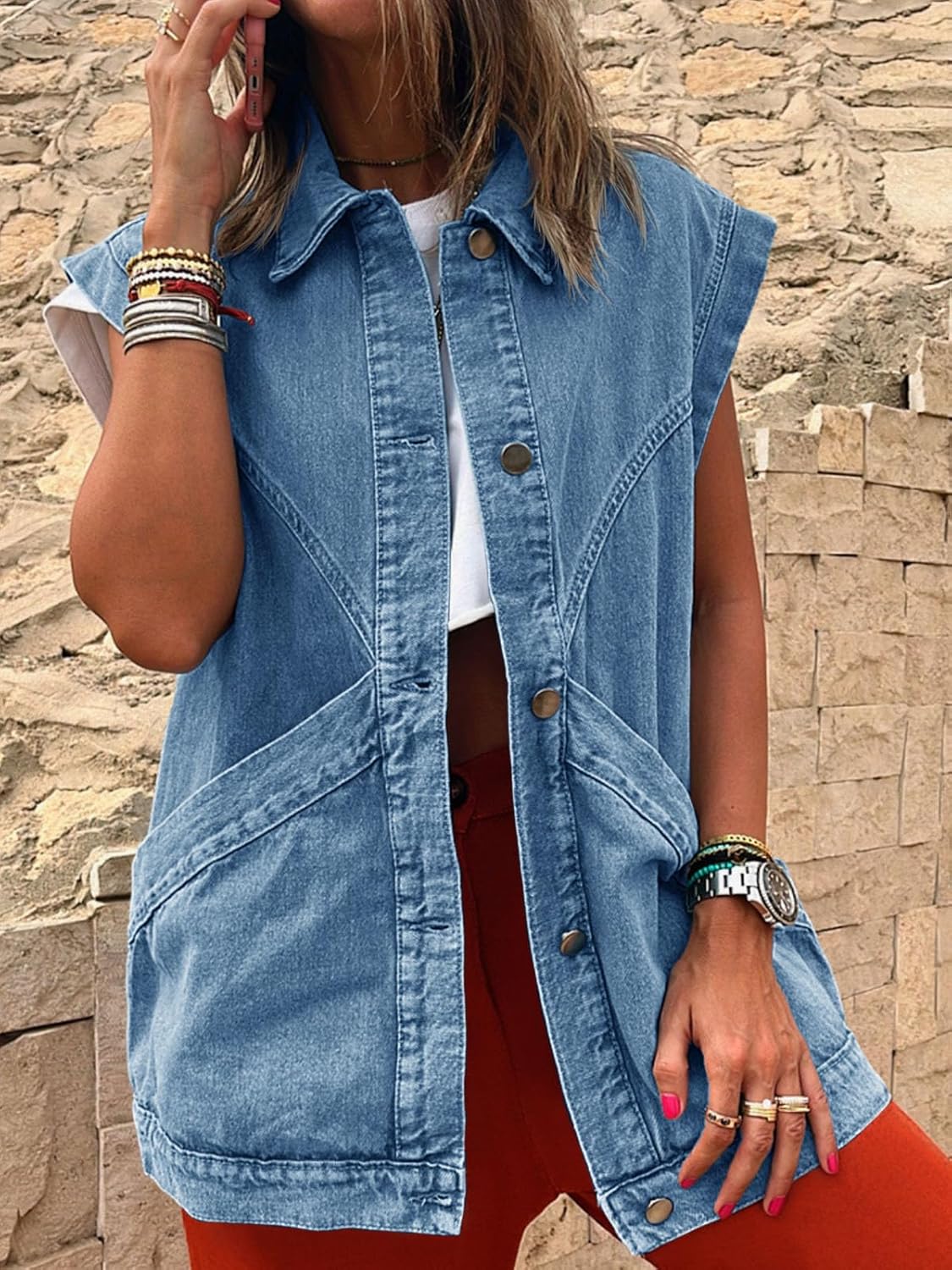 PLNOTME Womens Oversized Sleeveless Denim Vest Classic Button Down Jean Vest Casual Utility Lapel Jean Jacket - Image 4