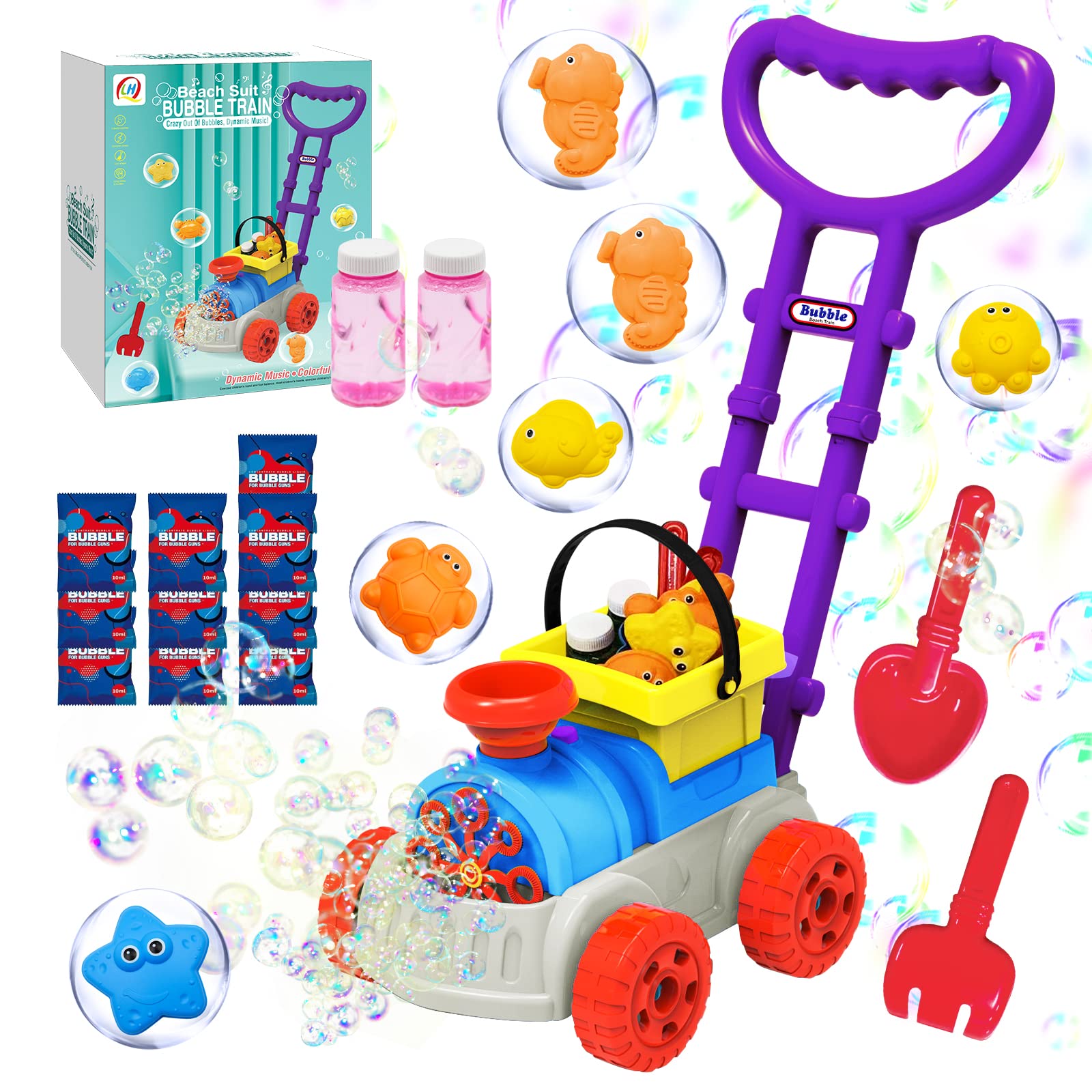 Bubble Lawn Mower for Toddlers,Kids Bubble Machine Bubble Blower with Music and 9 pcs Sand Molds, Baby Backyard Garden Push Toy,Halloween Christmas Party Favors Birthday Gift for Preschool Boys Girls