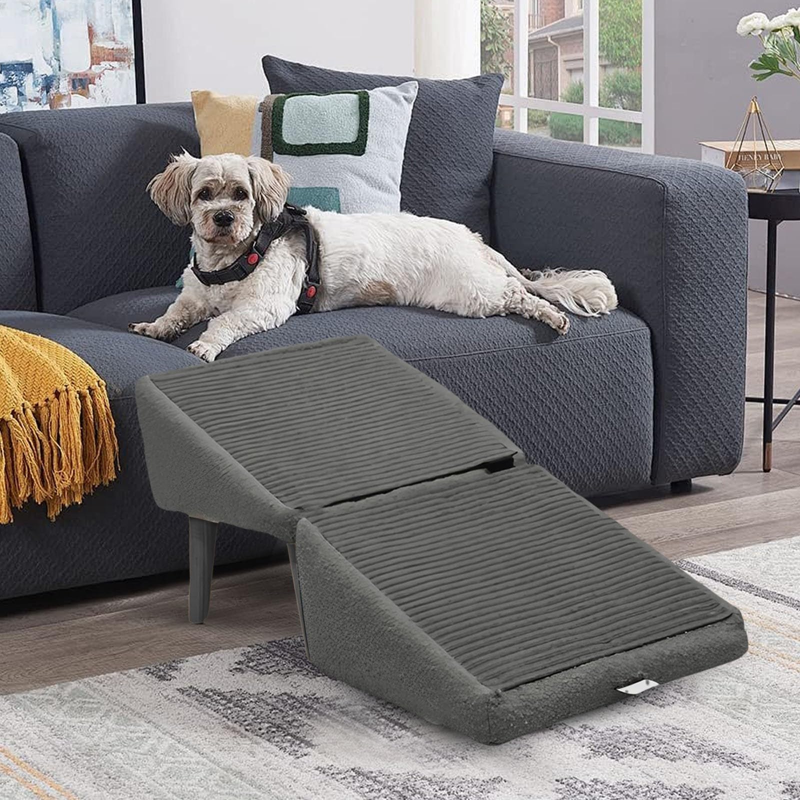 Rampe pour chiens et chats, marches antidérapantes, design léger et portable, aide à l'escalade robuste pour lit, canapé et voiture (gris, taille unique)