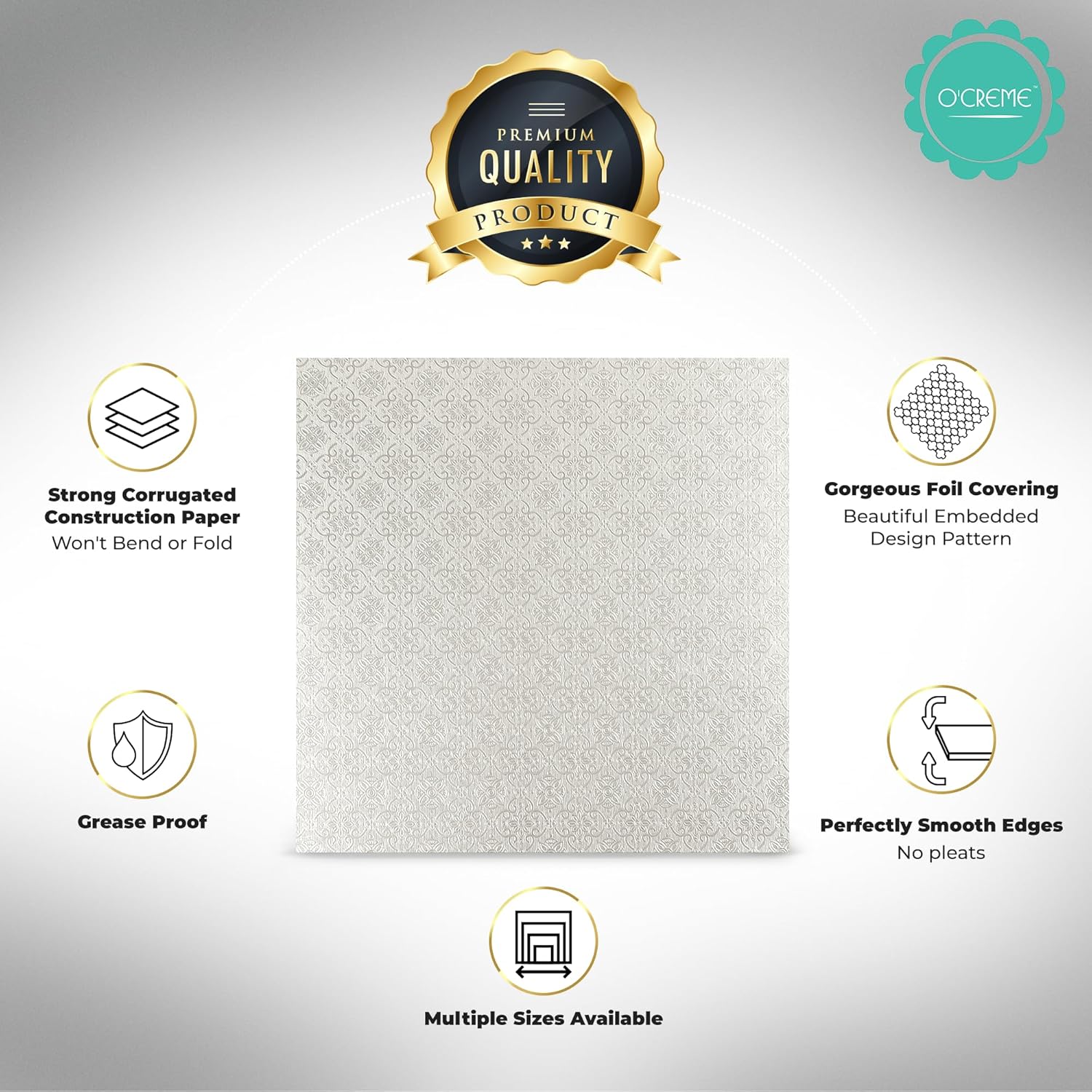 O'CREME Silver Square Cake Pastry Drum Board 1/2 Inch Thick, 16 Inch x 16 Inch - Pack of 5