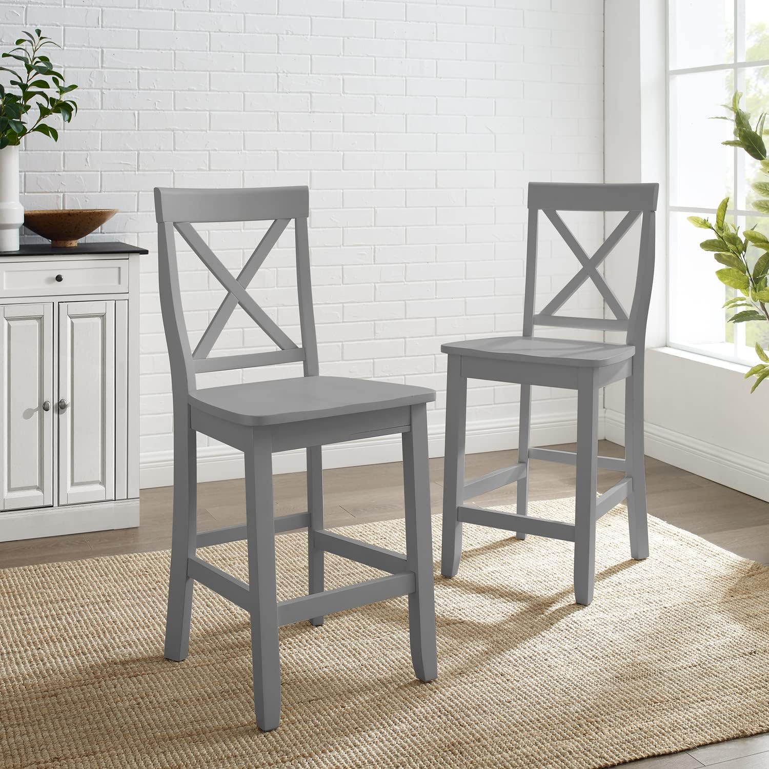 HomeStock Retro Bar Stools - X Back Design, Gray Finish - Set of 2-24" Seat Height - Kitchen & Dining